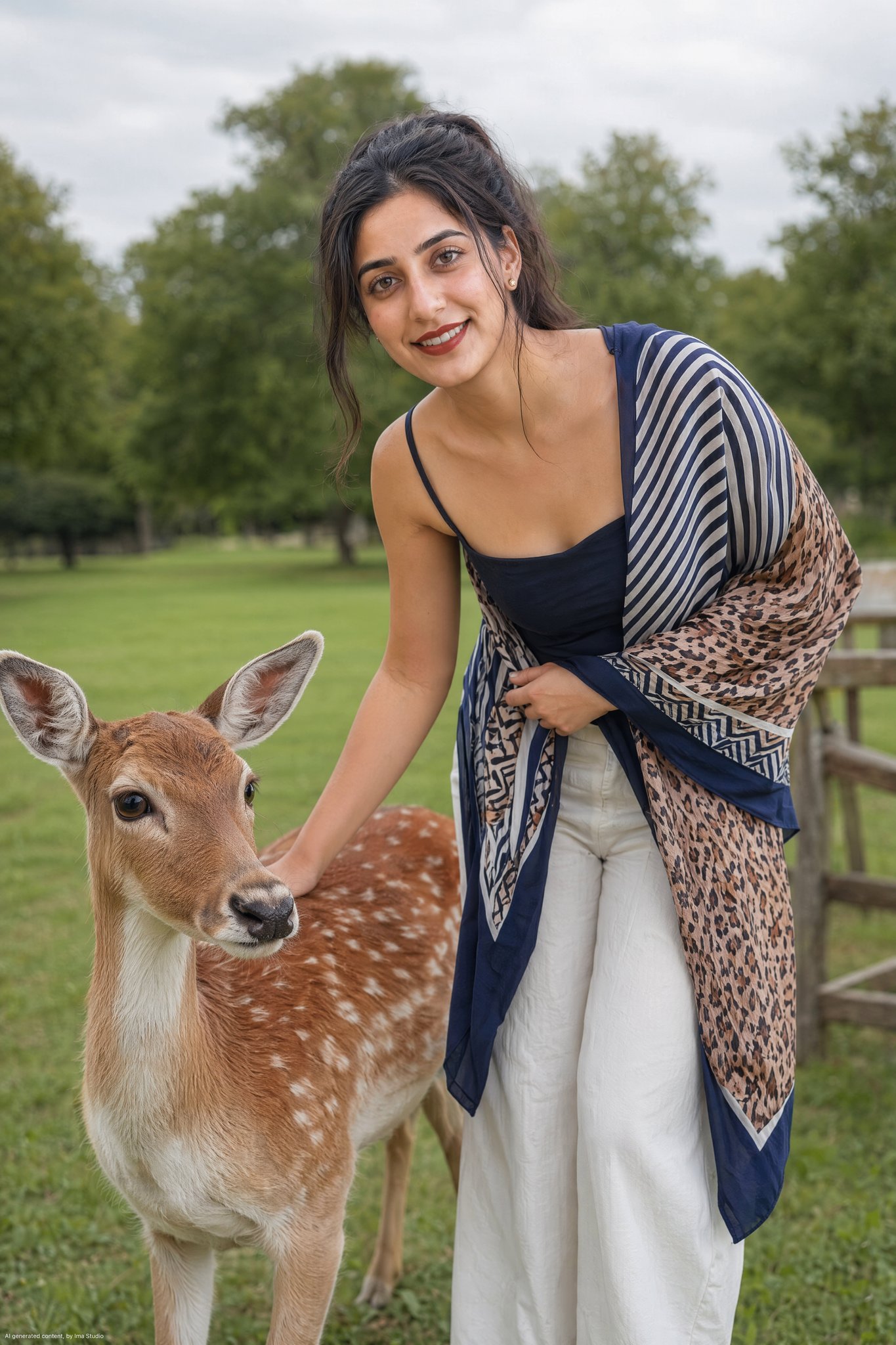 户外公园女子抚摸幼鹿写实人像 / Woman Petting Fallow Deer Outdoor Portrait,人像与摄影,人像、时尚、人像与摄影,案例输出图 1