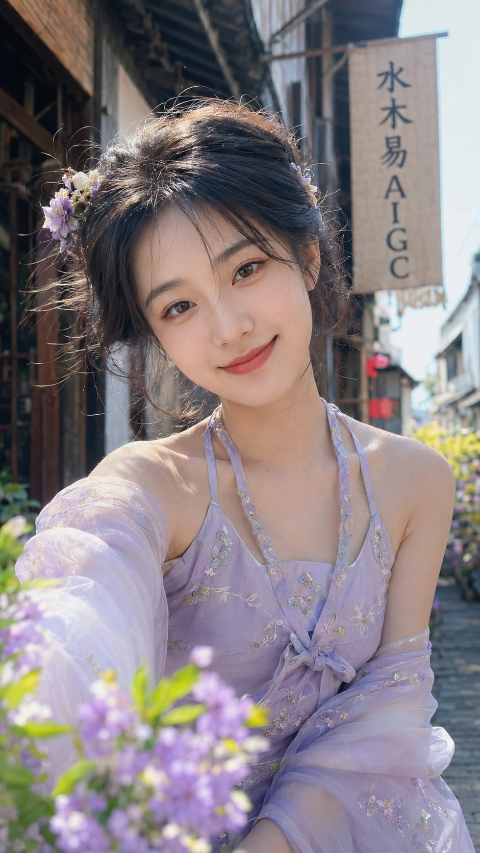 江南古镇淡紫色改良汉服自拍人像 / Jiangnan Ancient Town Purple Hanfu Selfie Portrait,人像与摄影,人像、电影感、截图,案例输出图 1