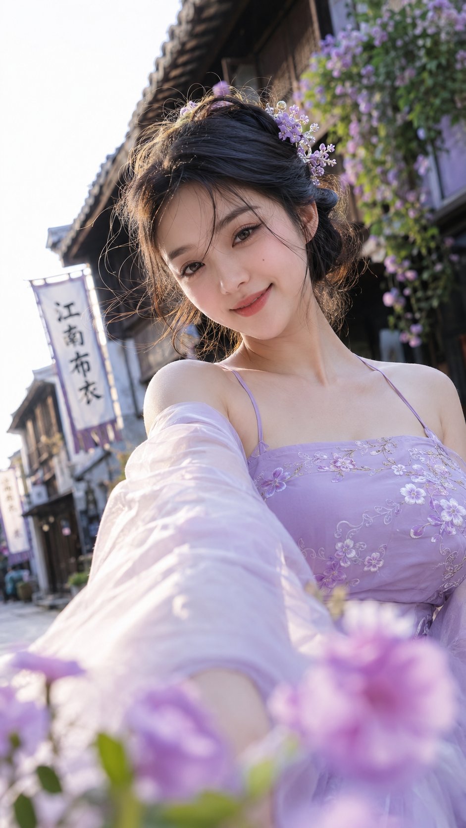 江南古镇淡紫色改良汉服自拍人像 / Jiangnan Ancient Town Purple Hanfu Selfie Portrait，人像与摄影，人像、电影感、截图，案例输出图 2