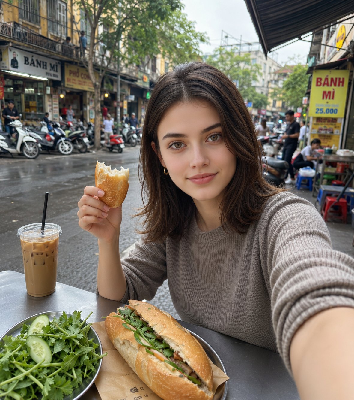 越南街头吃法棍的东亚美女写实自拍 / Vietnamese Street Food Banh Mi Woman Selfie,人像与摄影,人像、电影感、城市视觉,案例输出图 1