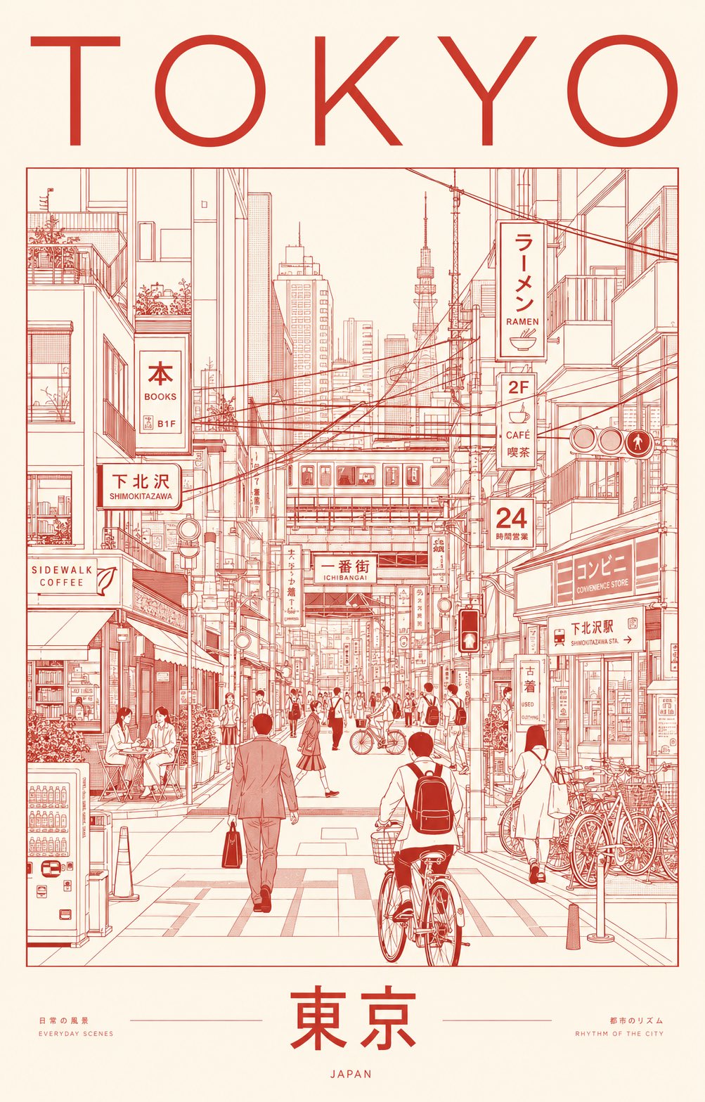极简主义东京日常街景线稿海报 / Tokyo Minimalist Urban Line Art Poster,角色设计,霓虹、人像、时尚,案例输出图 1