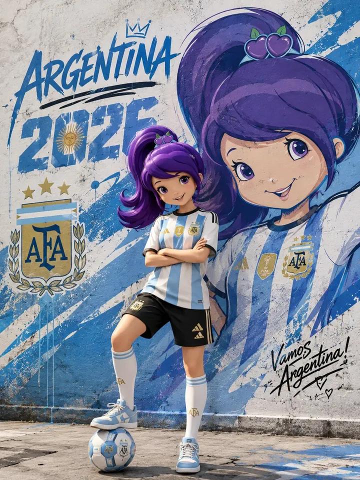 阿根廷足球街头艺术海报紫发女孩 / Argentina Football Street Art Poster Purple Hair Girl,角色设计,人像、电影感、海报,案例输出图 1