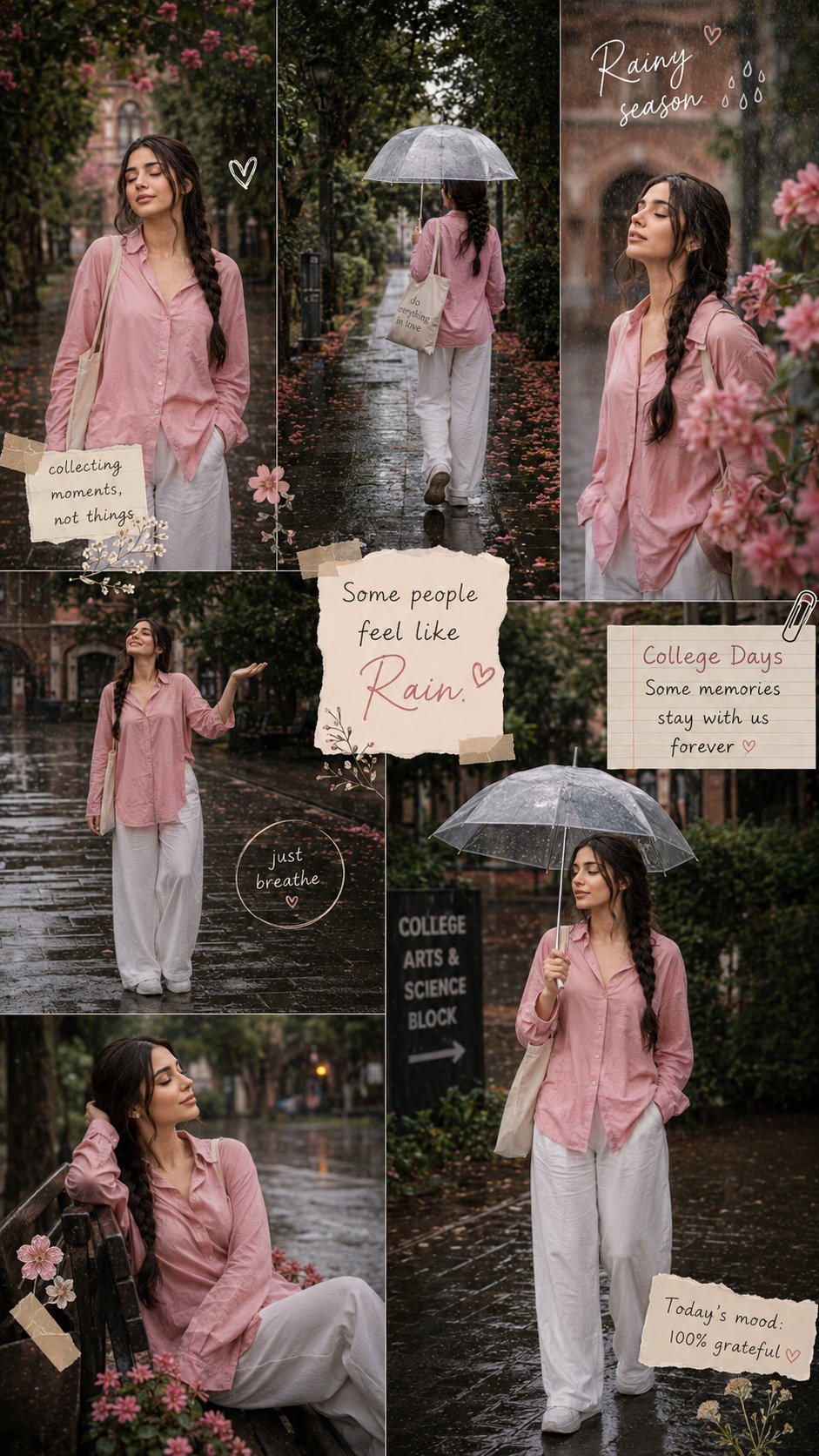 拼贴风格雨季韩系大学校园氛围感组图 / Pinterest Style Rainy Season College Moodboard，角色设计，人像、电影感、时尚，案例输出图 1