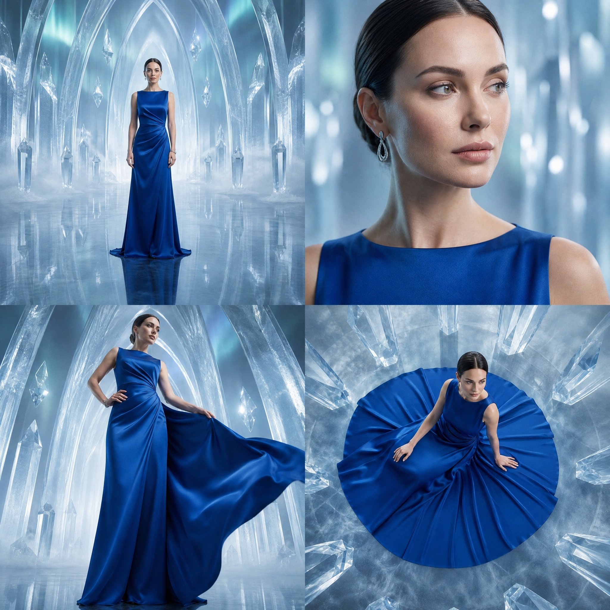 未来派冰宫蓝色晚礼服四格时尚大片 / Futuristic Ice Palace Blue Gown Editorial Grid,人像与摄影,35mm、人像、电影感,案例输出图 1