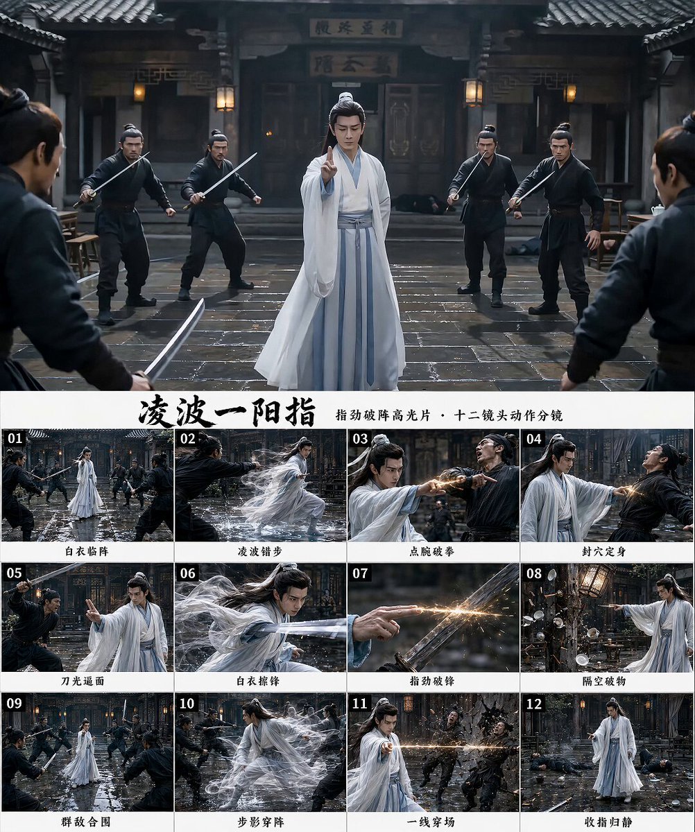 凌波一阳指白衣武侠指劲破阵分镜 / Lingbo Yiyang Finger Martial Arts Storyboard,角色设计,电影感、插画、角色,案例输出图 1