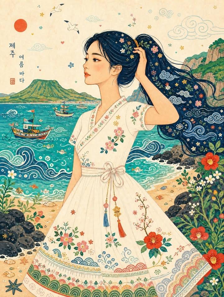 韩国稚拙派民俗画风海边女性插画 / Korean Naive Folk Art Summer Seaside Illustration,人像与摄影,人像、电影感、时尚,案例输出图 1