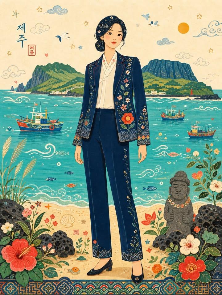 韩国稚拙派民俗画风海边女性插画 / Korean Naive Folk Art Summer Seaside Illustration，人像与摄影，人像、电影感、时尚，案例输出图 2