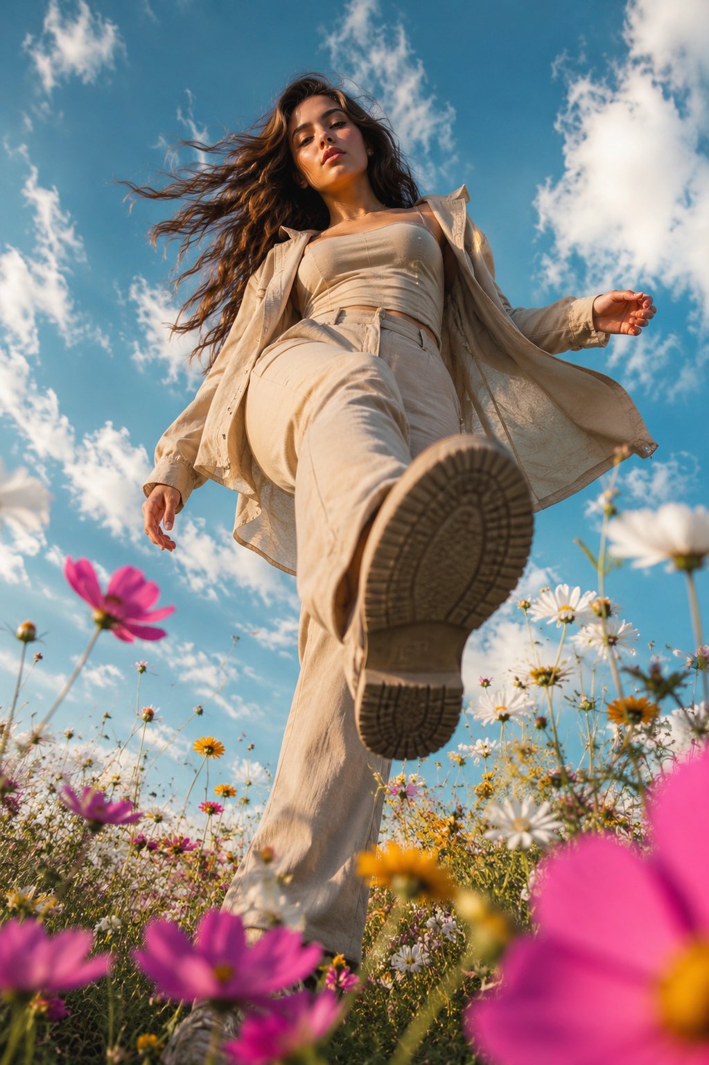 花海时尚女性极低虫眼视角仰拍 / Ultra Realistic Low Angle Fashion Wildflower Field,人像与摄影,人像、电影感、时尚,案例输出图 1