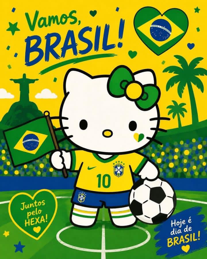 巴西足球粉丝凯蒂猫卡通插画 / Hello Kitty Brazil Football Supporter Illustration，角色设计，海报、插画、角色，案例输出图 2