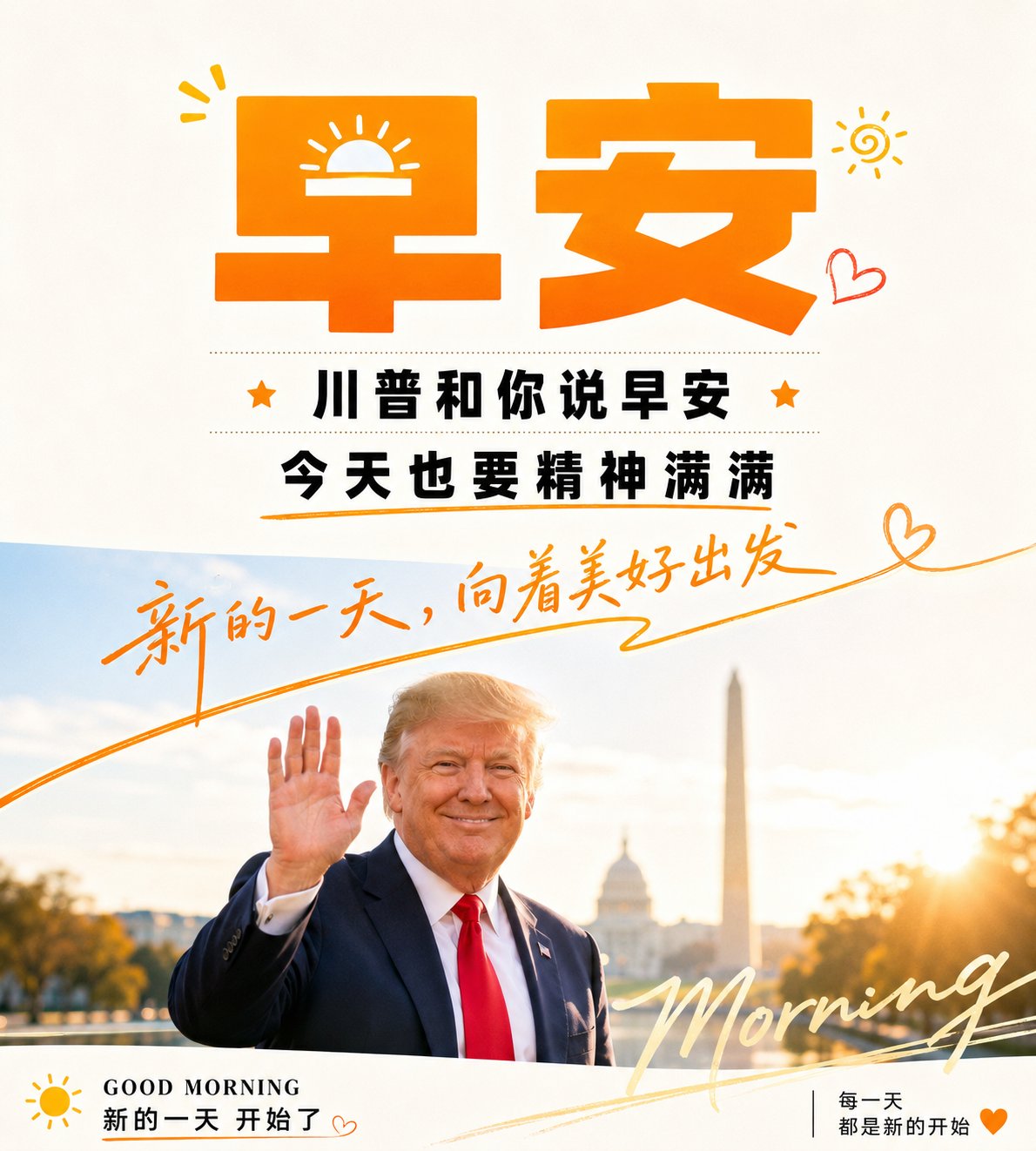 川普清晨问候极简风图文海报 / Trump Morning Greeting Minimalist Layout，角色设计，海报、角色、城市视觉，案例输出图 2