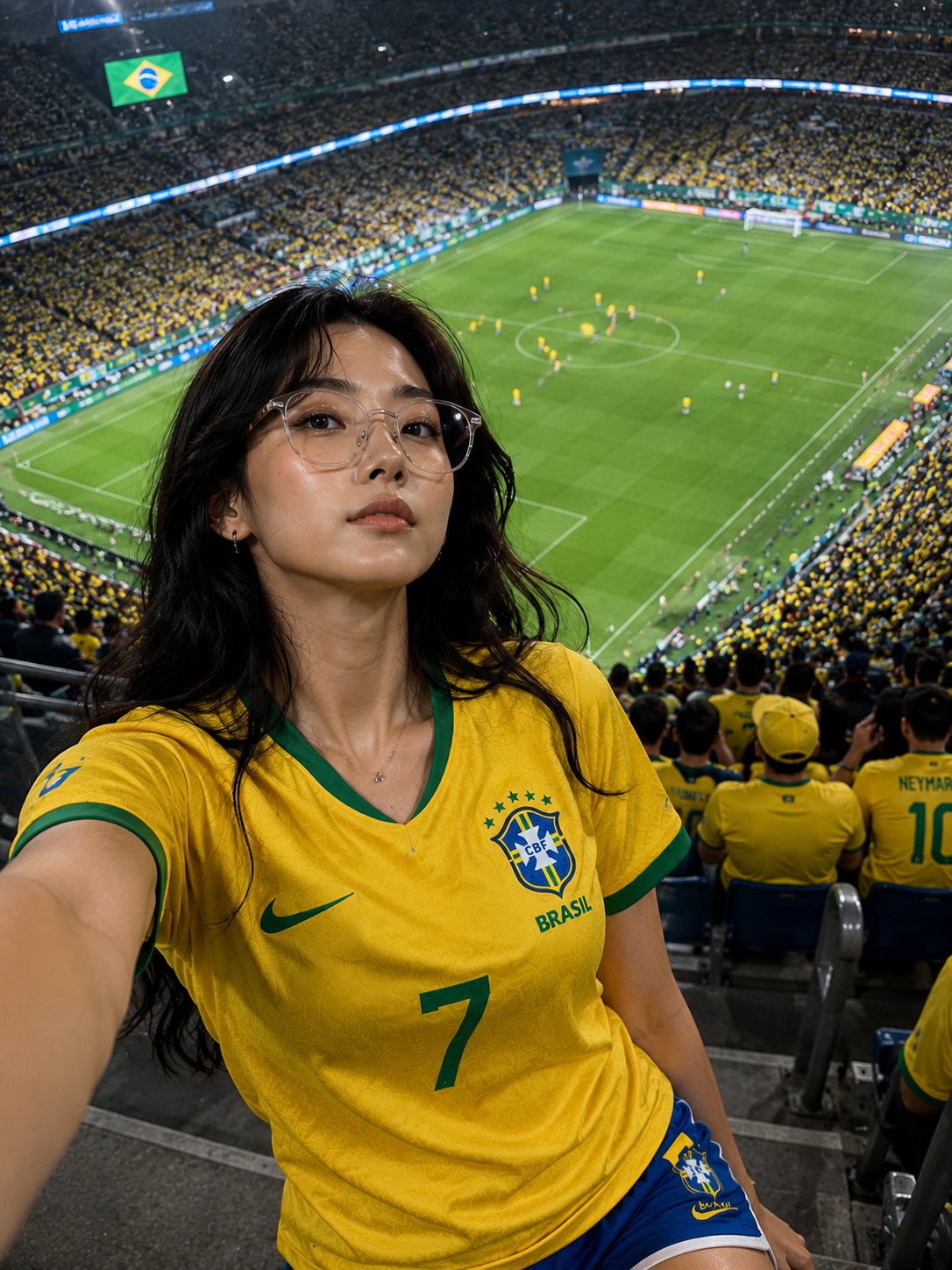 巴西足球赛看台上的东亚少女写实摄影 / Brazil Football Match Stadium East Asian Woman Photography，角色设计，人像、电影感、时尚，案例输出图 2