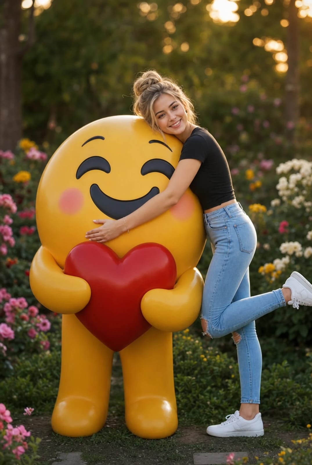拥抱巨大爱心表情符号的女孩 / Young Woman Hugging Giant 3d Emoji In Garden,角色设计,电影感、时尚、角色,案例输出图 1