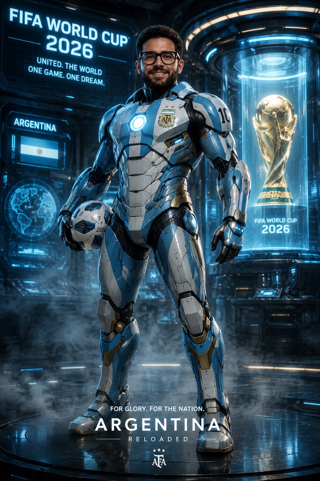 2026世界杯阿根廷钢铁侠足球冠军海报 / 2026 Fifa World Cup Argentina Iron Man Football Poster，UI 与社交媒体截图，人像、电影感、海报，案例输出图 1