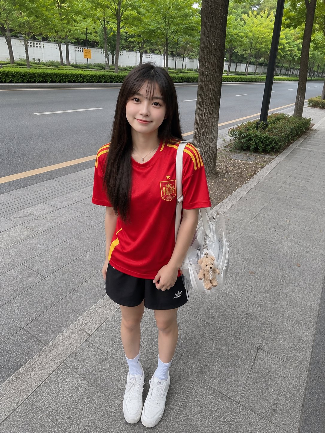 穿西班牙国家队球衣的日本少女路边随拍 / Japanese Girl Spain Football Jersey Street Snapshot,人像与摄影,人像、电影感、人像与摄影,案例输出图 1