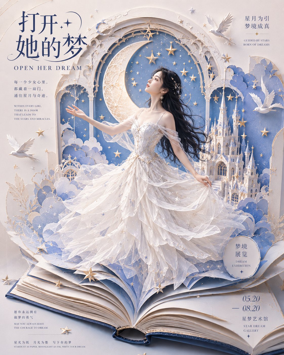 梦幻星月纸雕立体书人物艺术海报 / Open Her Dream Paper Cut Pop Up Book Poster，角色设计，海报、插画、角色，案例输出图 2