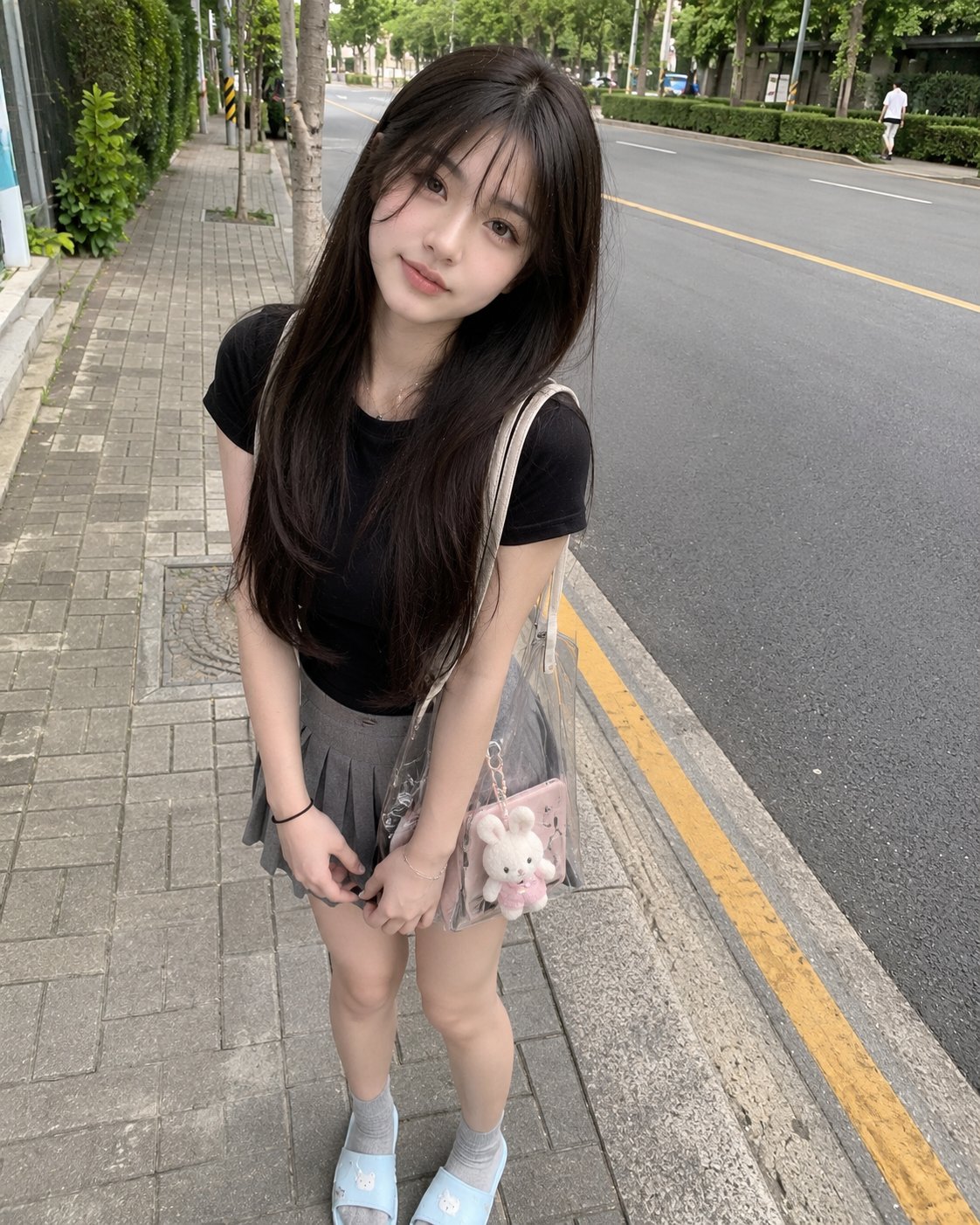 街道旁穿黑色T恤的日本少女生活快照 / Young Japanese Girl Casual Street Snapshot Iphone Photo,人像与摄影,人像、电影感、人像与摄影,案例输出图 1