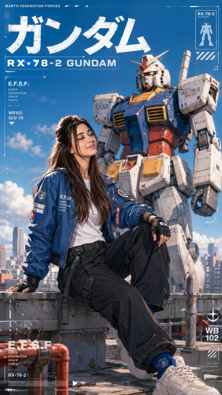 半写实动漫少女与巨型高达天台合影 / Semi Realistic Anime Woman Gundam Rooftop 1781684601696，角色设计，电影感、时尚、角色，案例输出图 2
