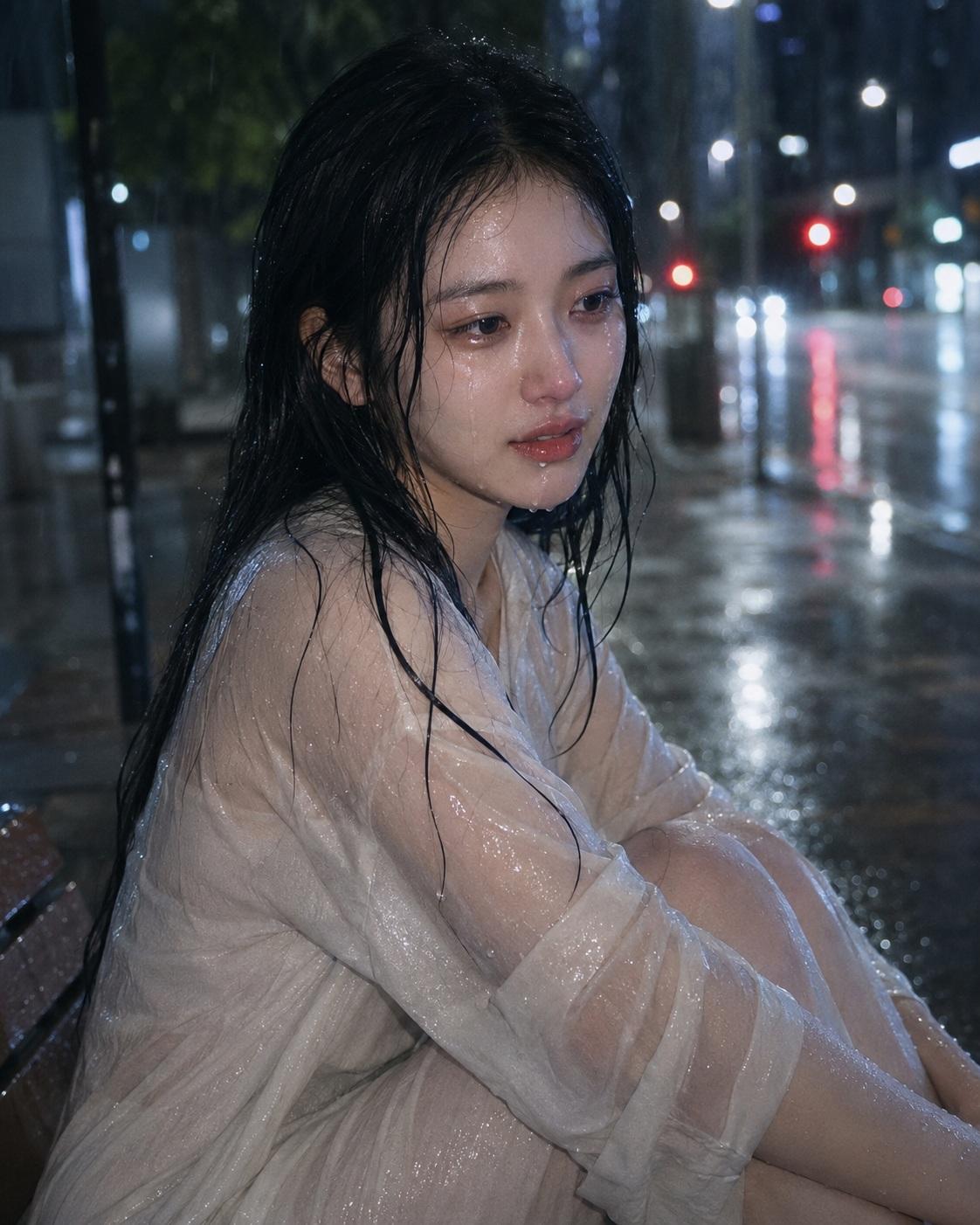 韩剧雨夜街头破碎感少女写实人像 / K Drama Rainy Night Sad Portrait，人像与摄影，人像、电影感、时尚，案例输出图 2