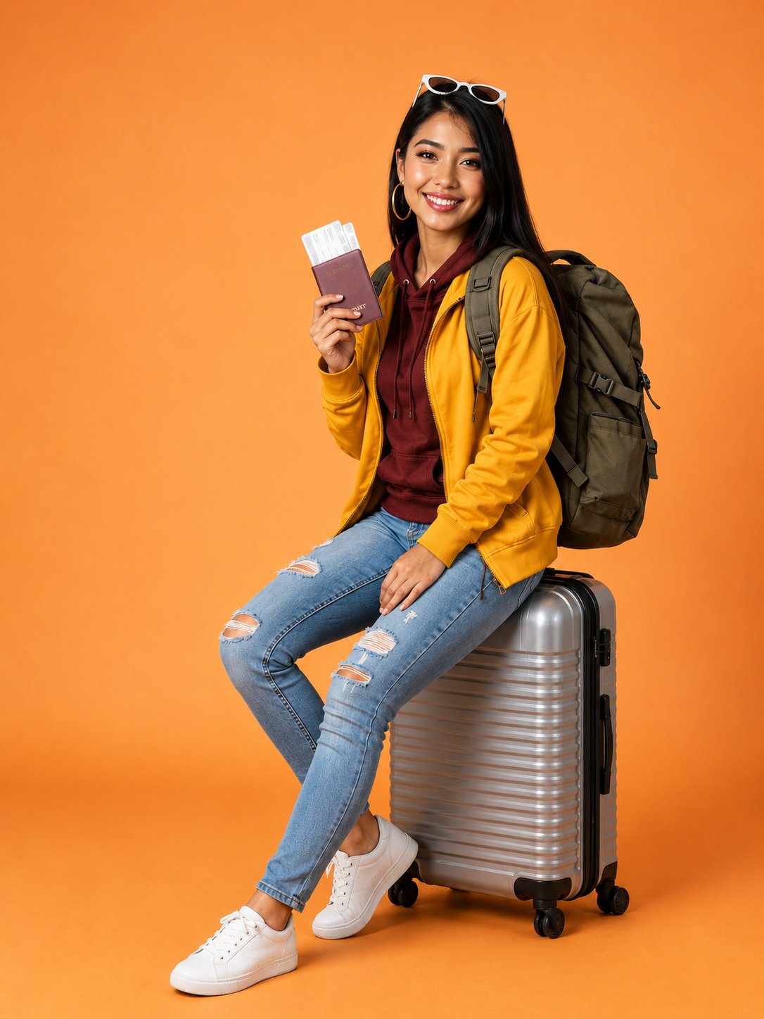 年轻女性旅行者坐行李箱手持护照 / Young Female Traveler Suitcase Passport Editorial Portrait,人像与摄影,35mm、人像、时尚,案例输出图 1