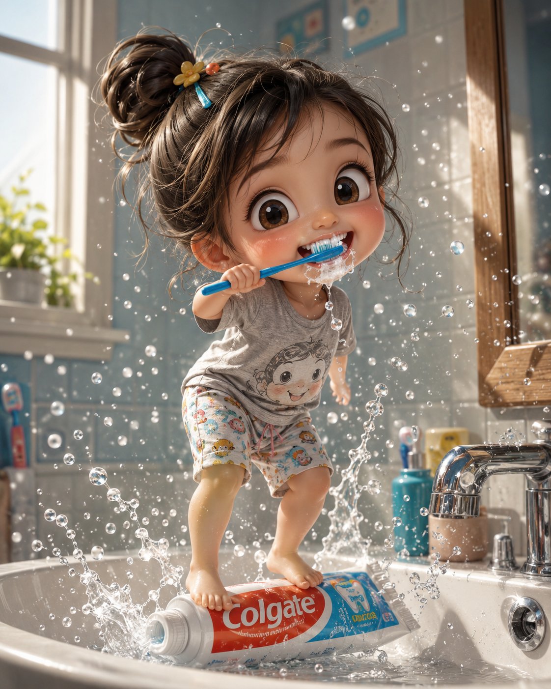 站在洗手池刷牙的可爱萌娃3D插画 / Toddler Girl Brushing Teeth Sink 3d Illustration,角色设计,电影感、插画、角色,案例输出图 1