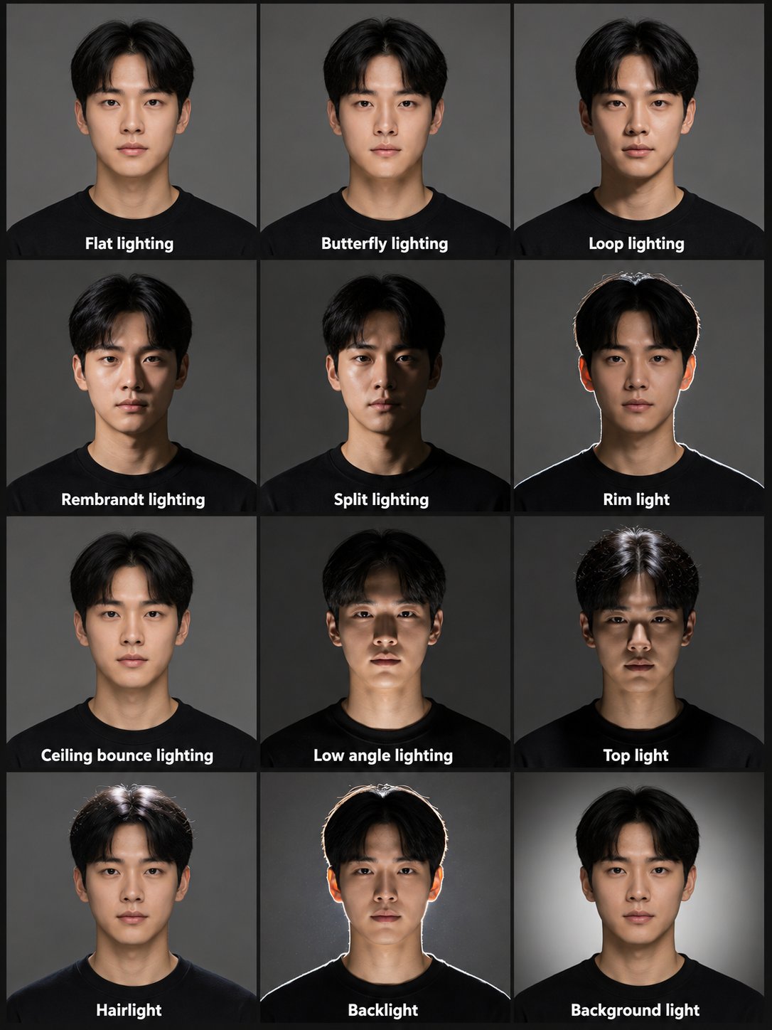 影棚人像摄影布光对比参考图 / Professional Studio Portrait Lighting Reference Chart,模型对比与社区,人像、排版、信息图,案例输出图 1