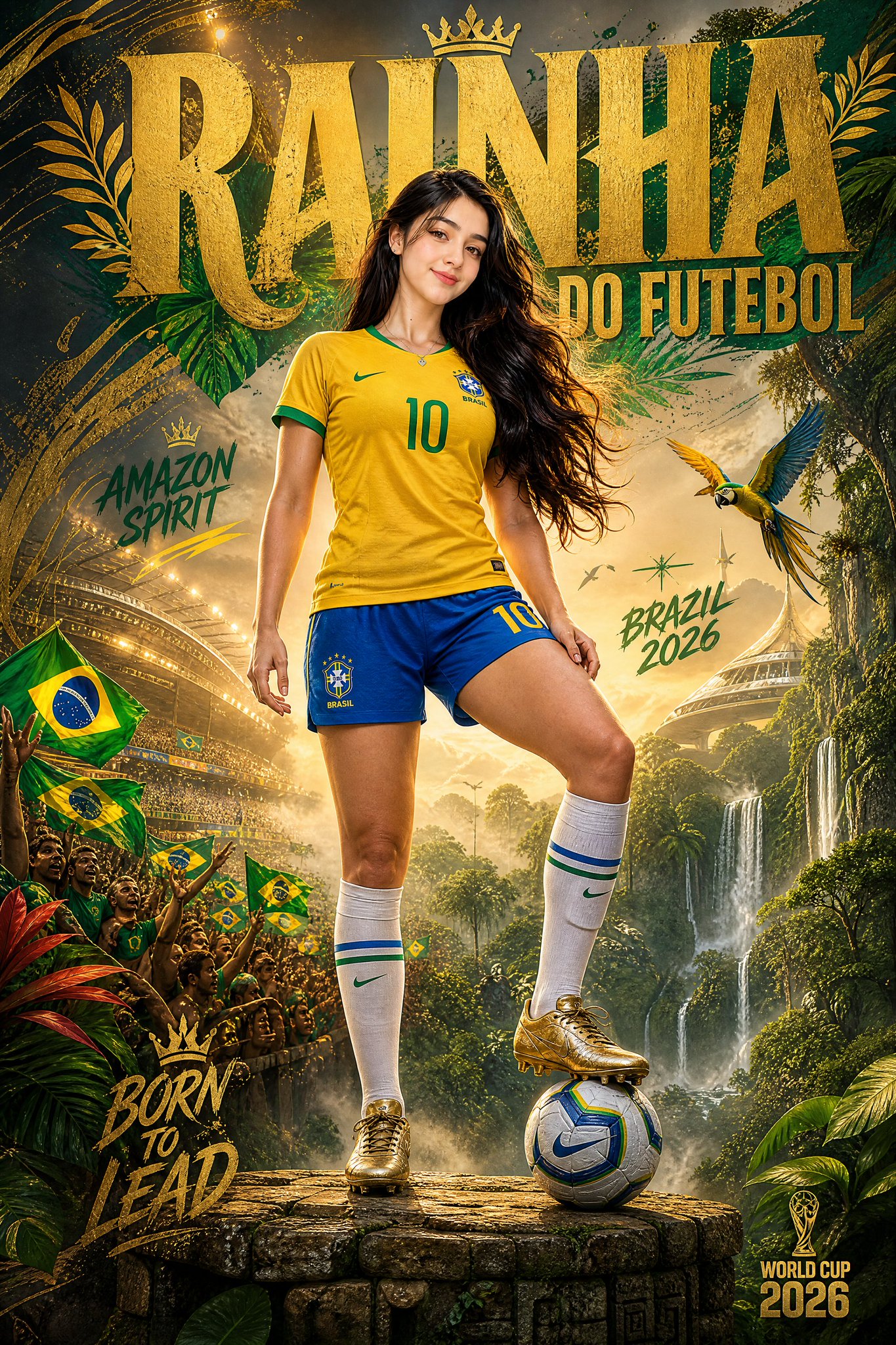 巴西足球女王亚马孙精神创意海报 / Brazil Queen Of Amazon World Cup 2026 Poster,角色设计,电影感、时尚、海报,案例输出图 1