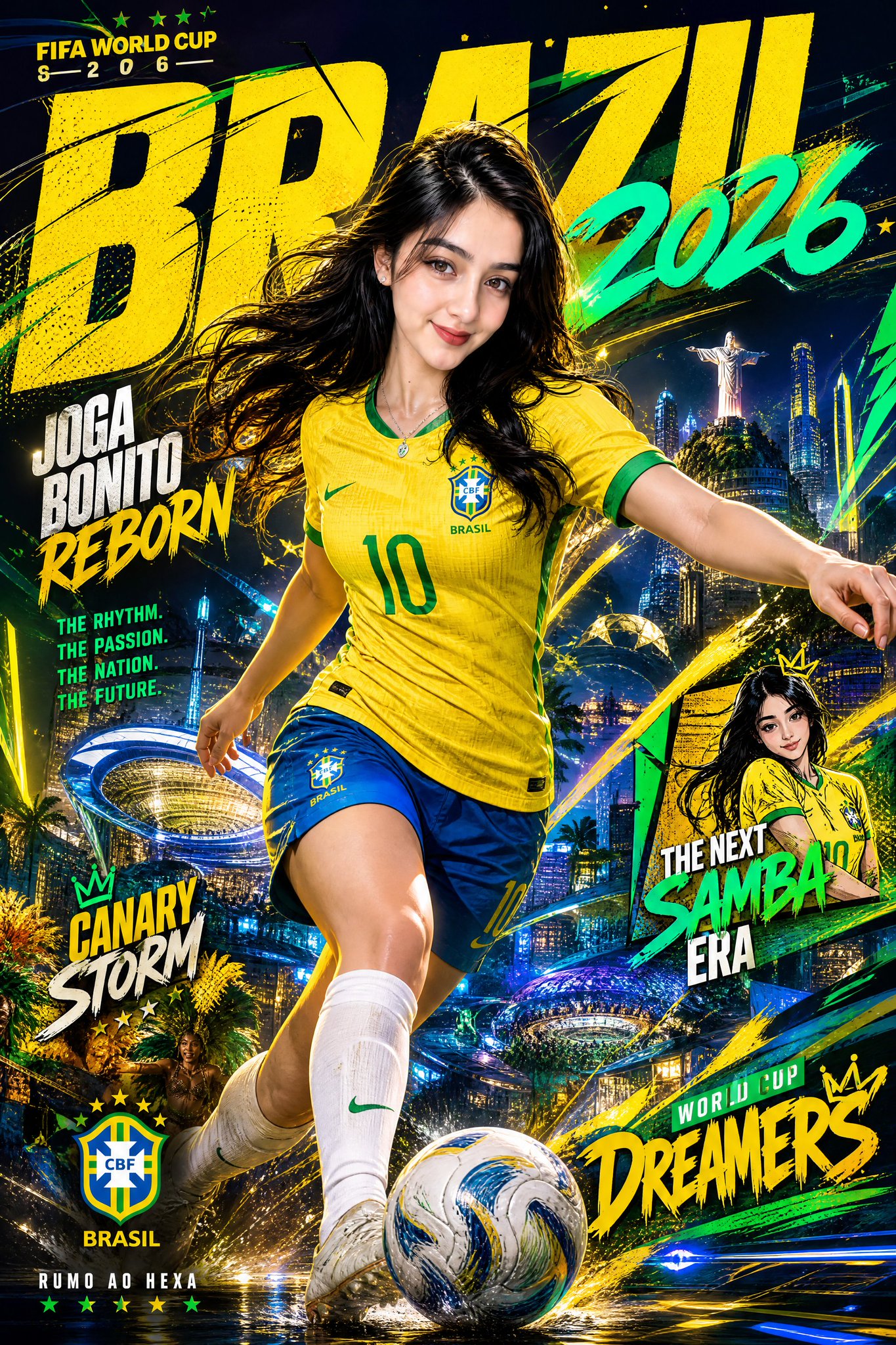 巴西足球女王亚马孙精神创意海报 / Brazil Queen Of Amazon World Cup 2026 Poster，角色设计，电影感、时尚、海报，案例输出图 2