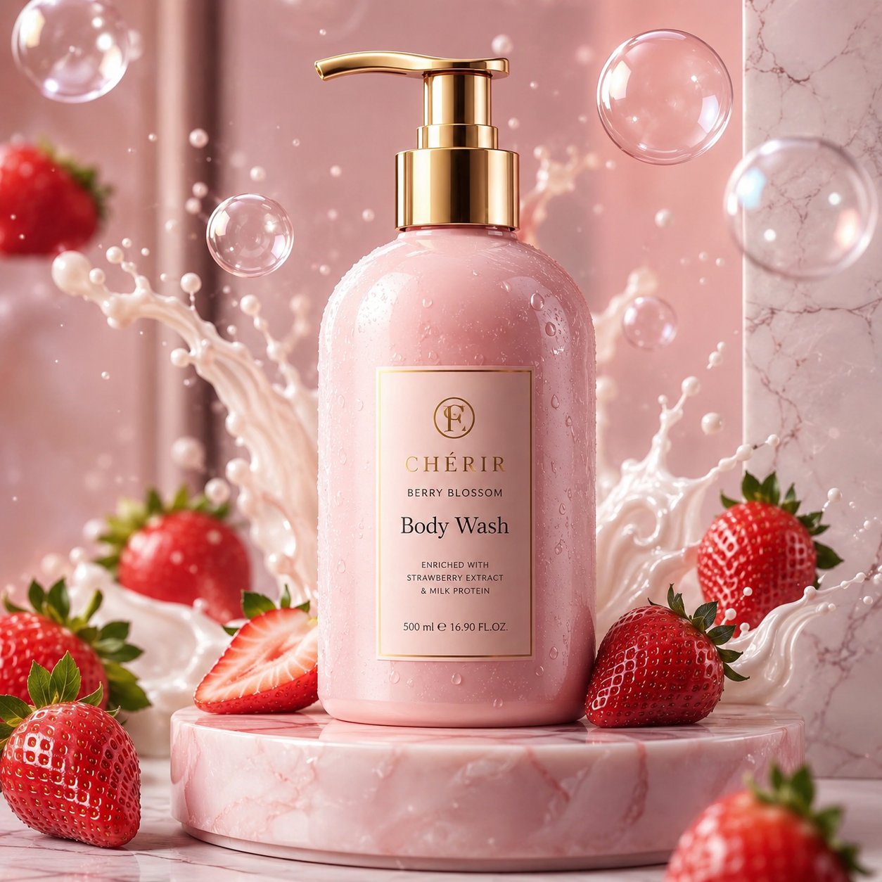 奢华粉色沐浴露草莓牛奶产品摄影 / Ultra Realistic Luxury Pink Body Wash Photography,人像与摄影,人像、电影感、产品图,案例输出图 1