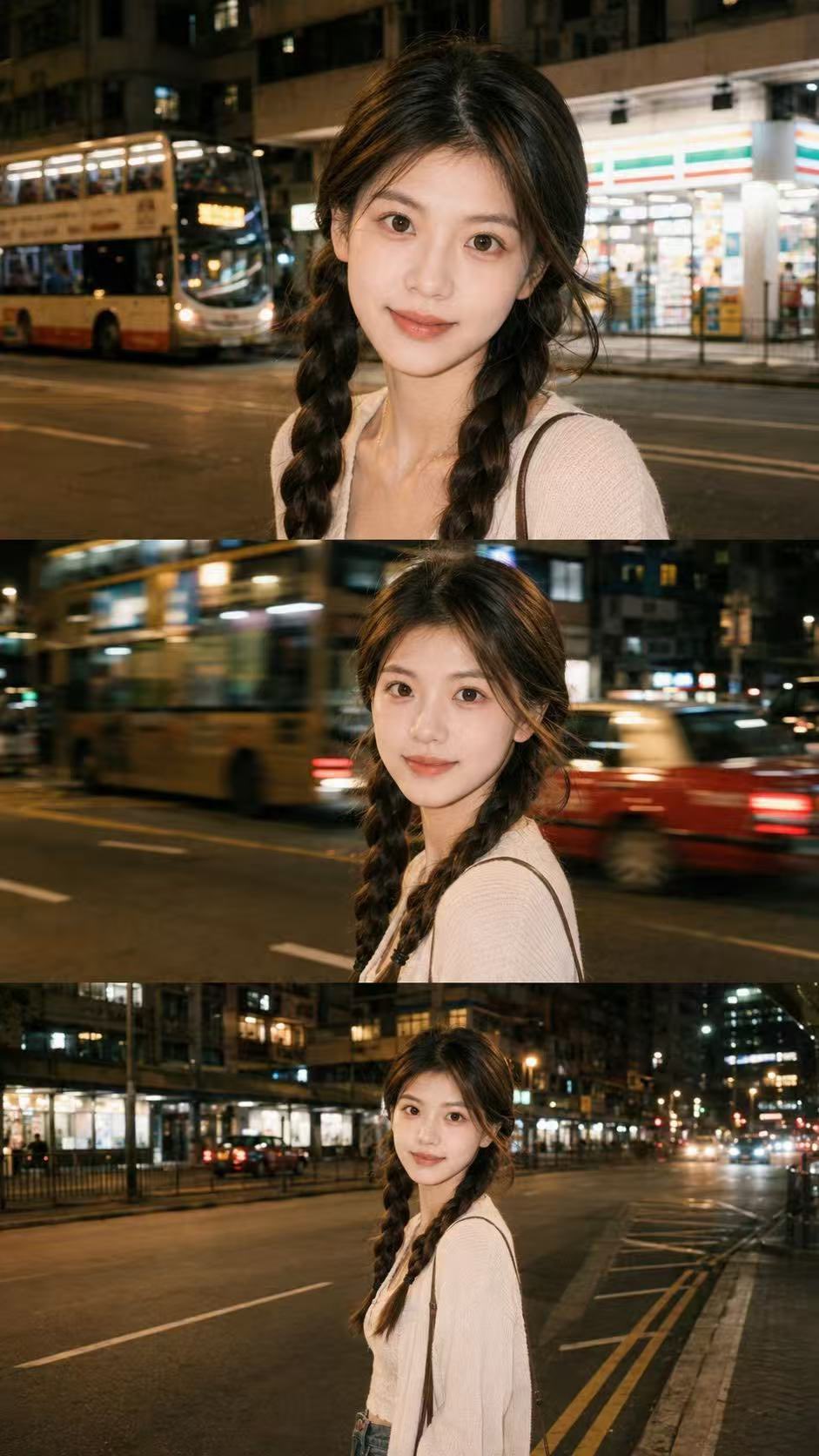 真实都市街拍三宫格夜景人像 / Realistic Urban Night Street Photo Strip Portrait,角色设计,35mm、人像、电影感,案例输出图 1