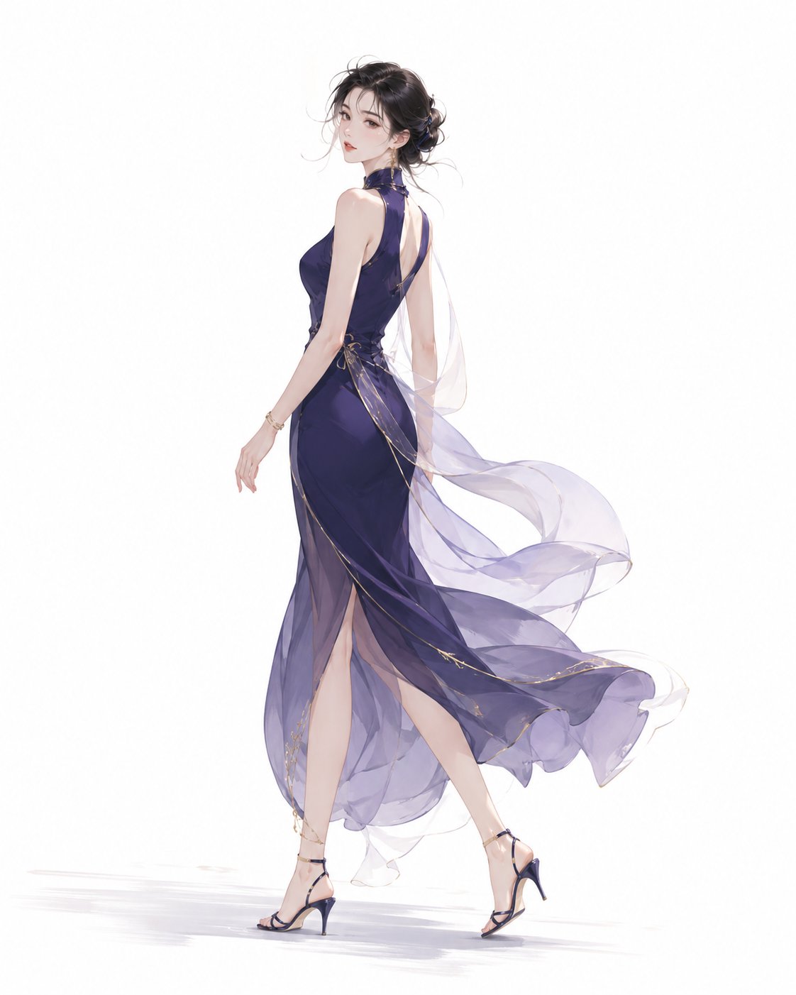 东方优雅女性极简行走插画 / Eastern Elegant Woman Minimalist Walking Illustration,角色设计,插画、角色、极简,案例输出图 1