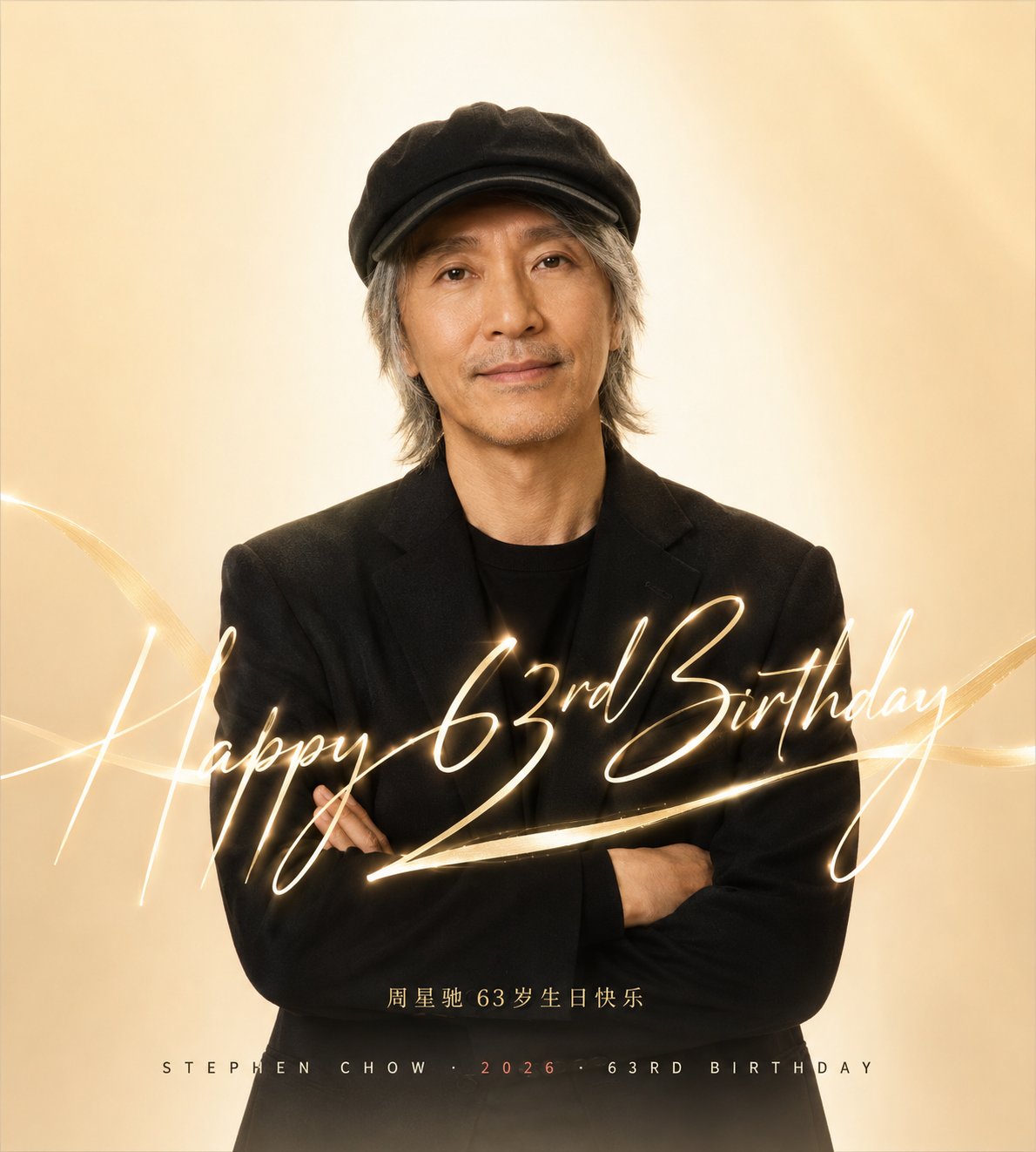 周星驰2026生日庆典仪式感海报 / Stephen Chow 2026 Birthday Celebration Poster Prompt,人像与摄影,人像、海报、极简,案例输出图 1