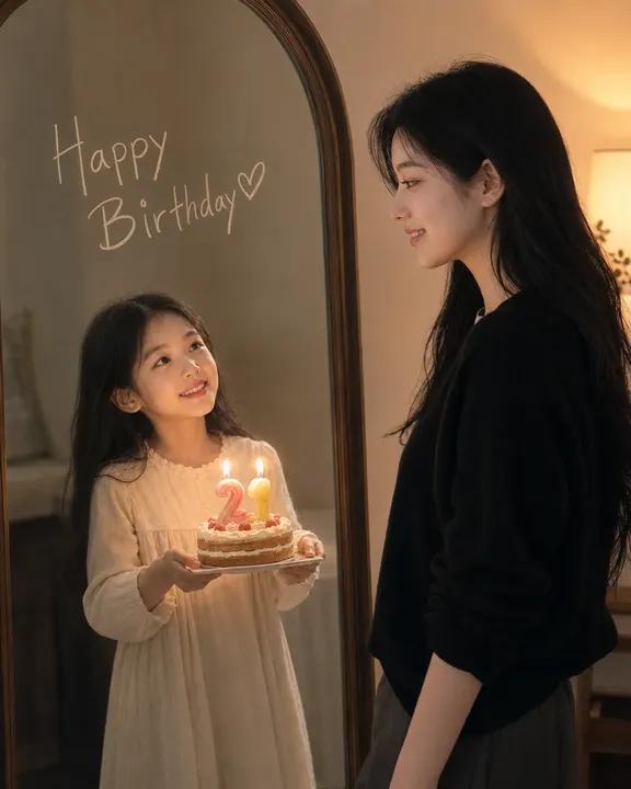 室内生日人像镜中童年自我 / Realistic Birthday Portrait Mirror Childhood Self，角色设计，人像、电影感、角色，案例输出图 1