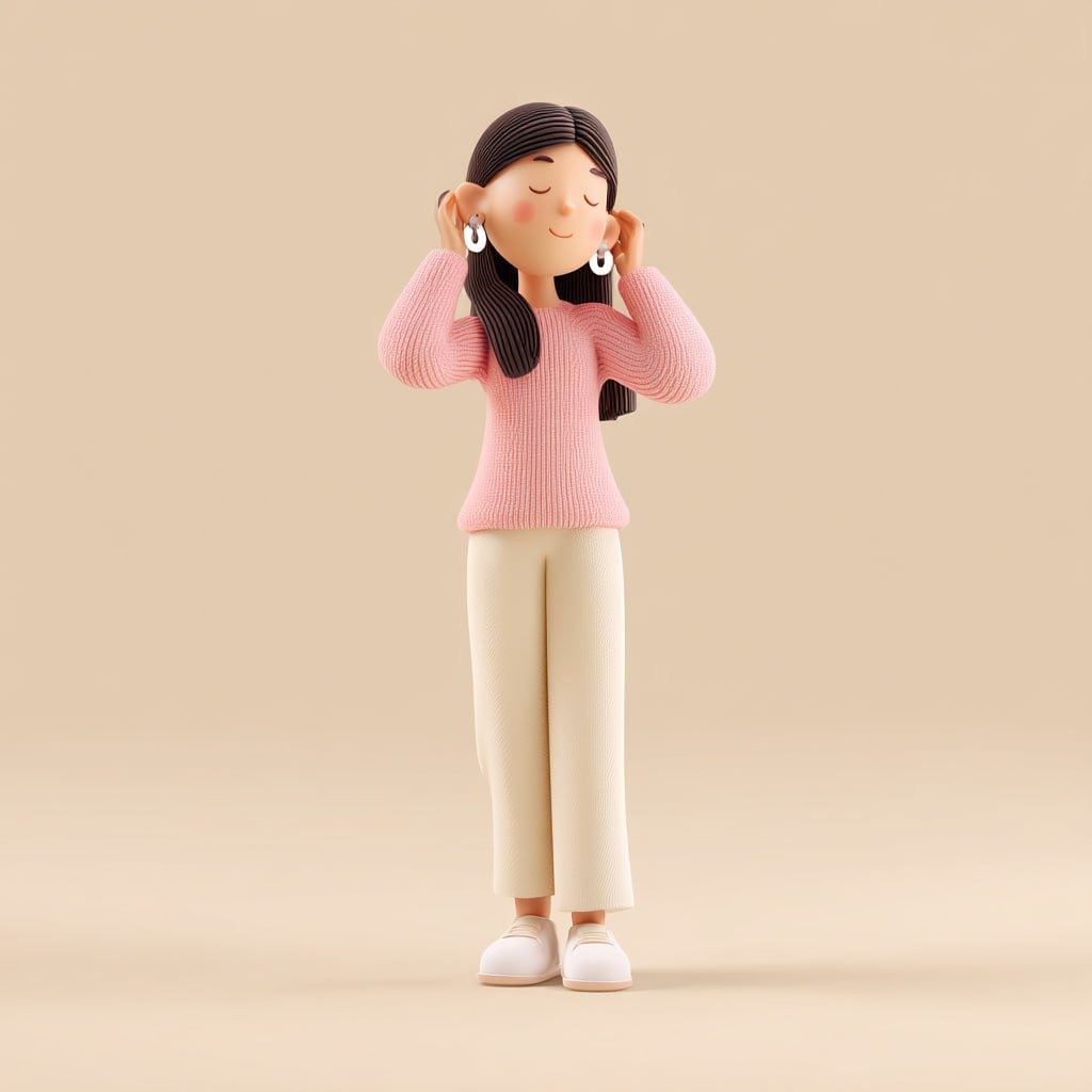 简约3D可爱女性欣赏耳环插画 / Minimalistic 3d Character Happy Woman Earrings,角色设计,插画、角色、极简,案例输出图 1