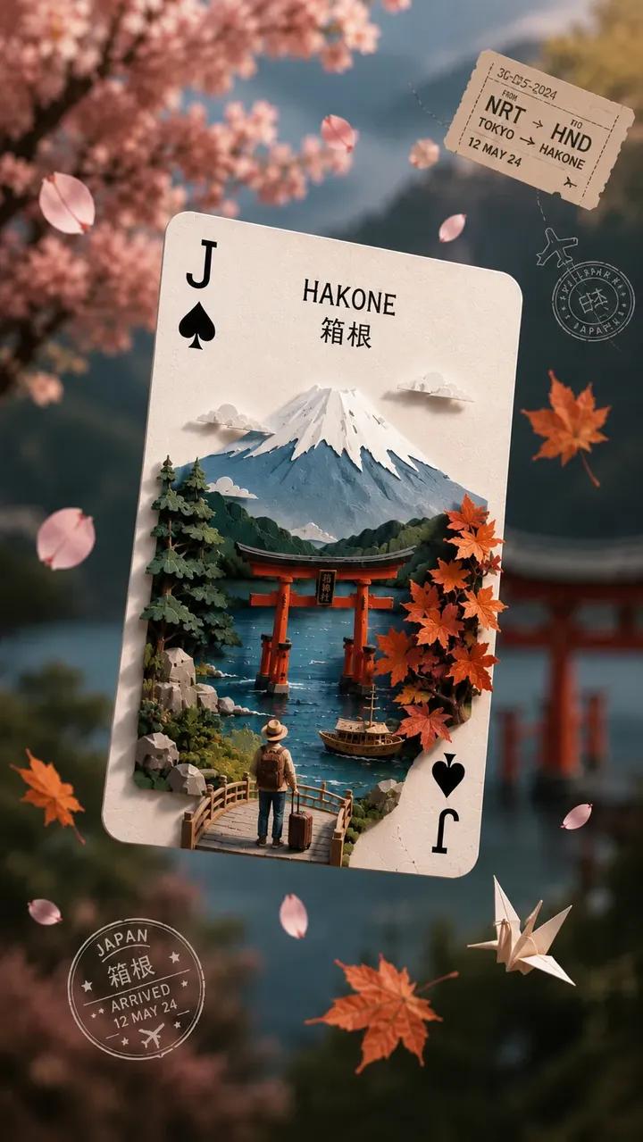 日本箱根黑桃J立体纸雕奇幻旅行海报 / Hakone Fantasy Travel Poster Jack Spades Paper Cut，角色设计，电影感、时尚、海报，案例输出图 2