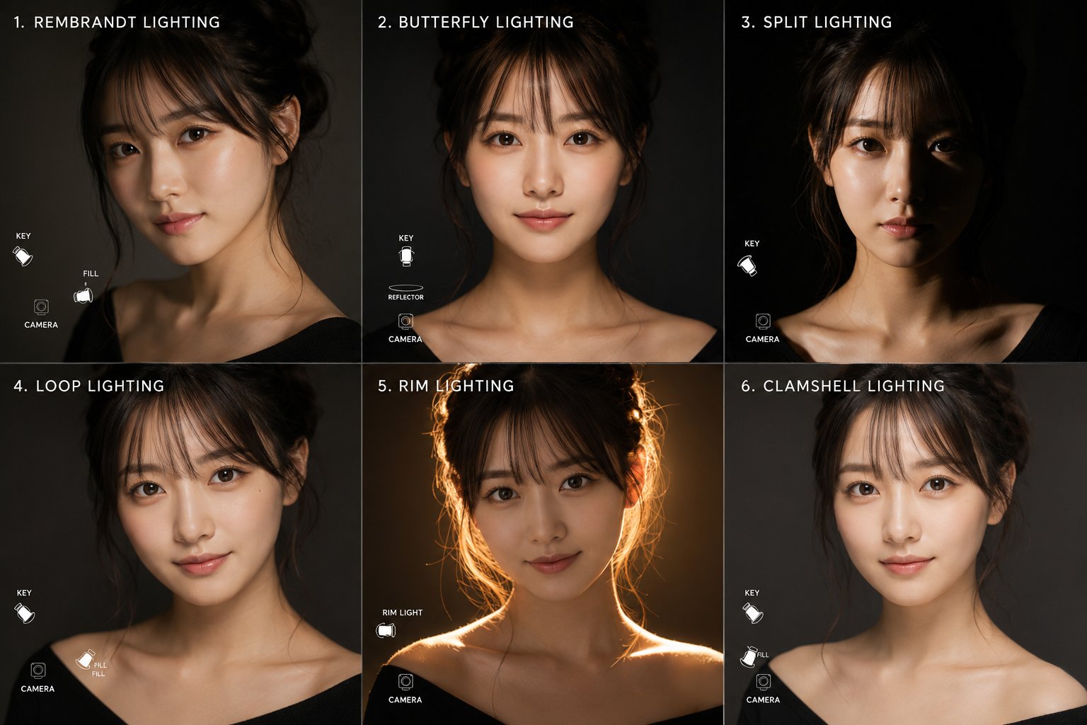 超写实2x3女性肖像六种专业摄影灯光对比 / Ultra Realistic 2x3 Portrait Studio Lighting Setups,模型对比与社区,人像、电影感、时尚,案例输出图 1