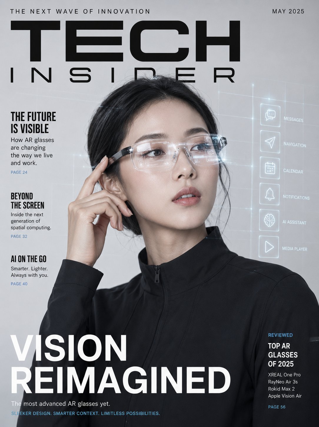 极简科技AR眼镜韩国模特杂志封面 / Ultra Realistic Ar Smart Glasses Tech Magazine Cover,UI 与社交媒体截图,时尚、UI、截图,案例输出图 1