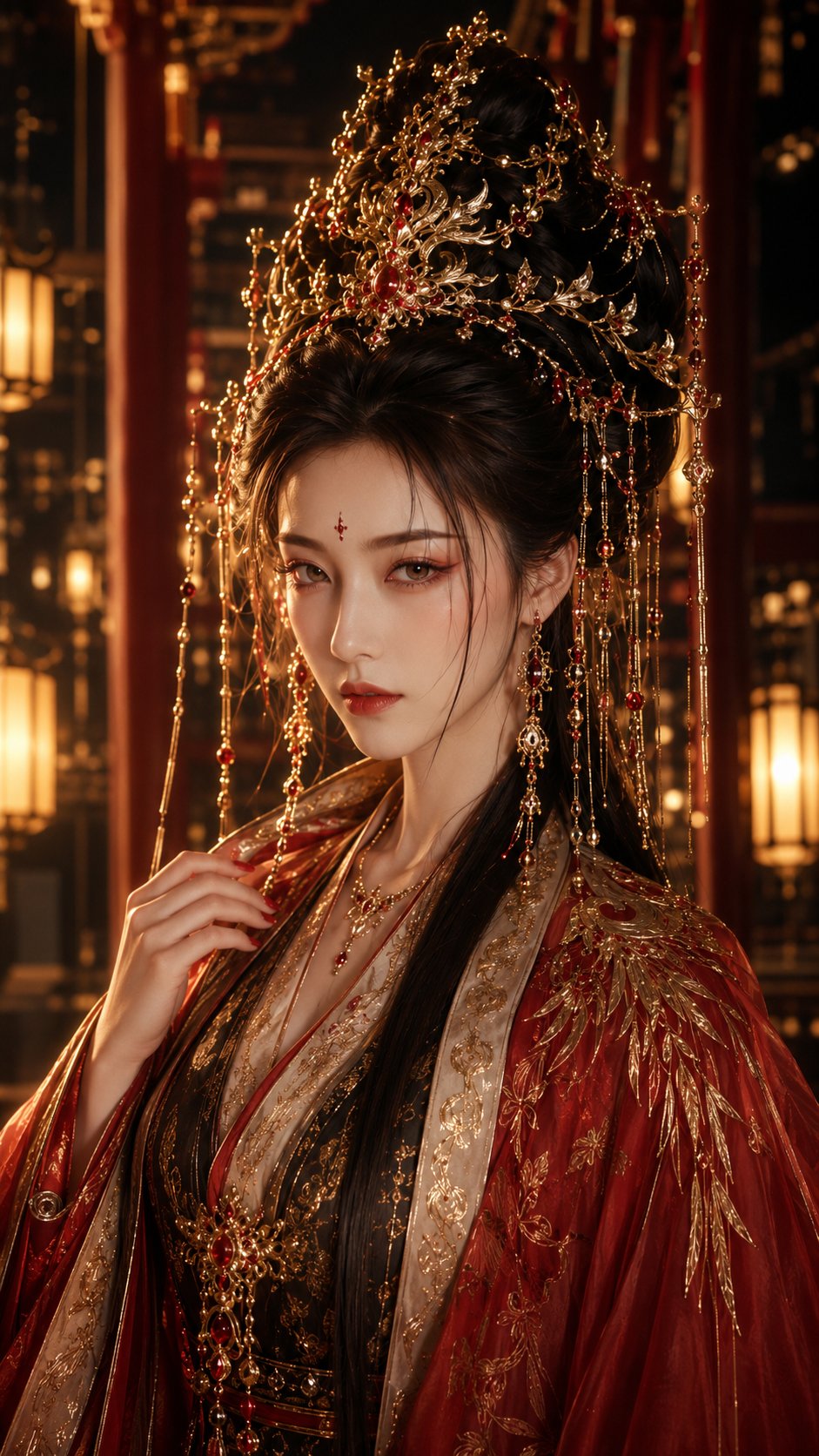 绛红金饰古风仙侠女主角色海报 / Crimson Gold Xianxia Female Character Poster,角色设计,海报、角色、竖版,案例输出图 1