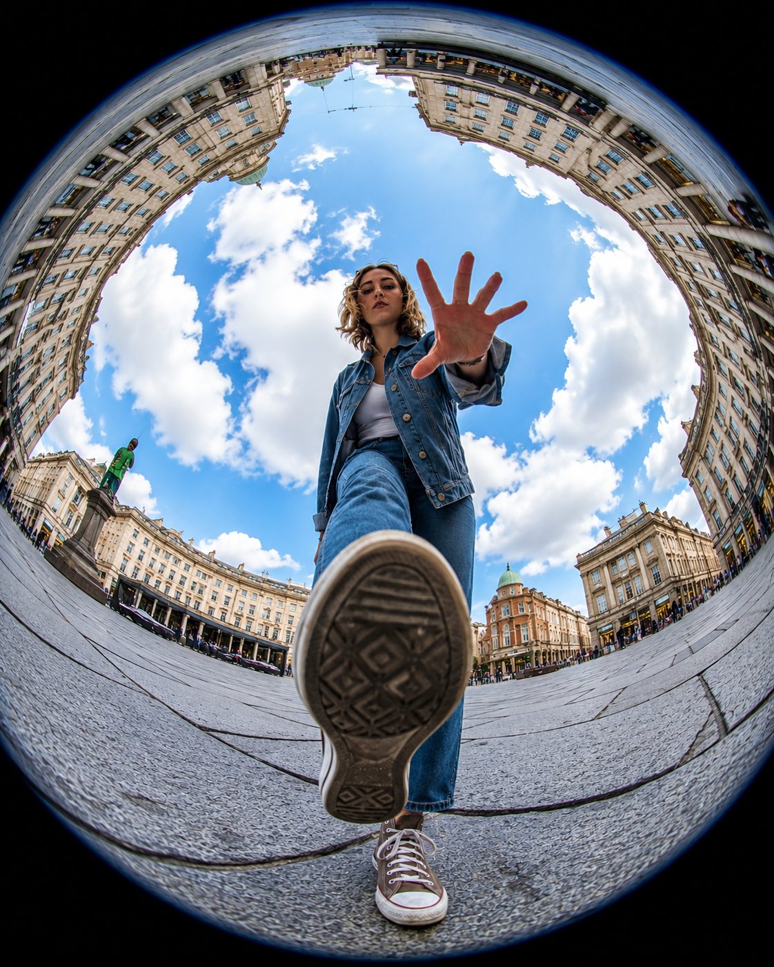 鱼眼镜头欧洲广场动感跨步摄影 / Ultra Realistic Fisheye Lens Action Photography Urban Plaza,人像与摄影,人像、电影感、城市视觉,案例输出图 1