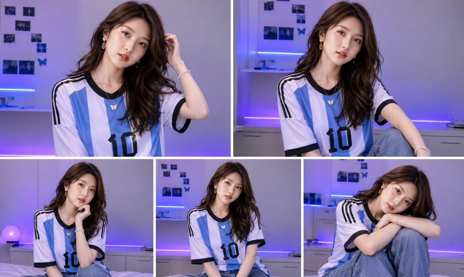 身着阿根廷10号球衣的东亚女性拼贴写真 / East Asian Woman Argentina Jersey Collage Ai Prompt,人像与摄影,人像、电影感、时尚,案例输出图 1