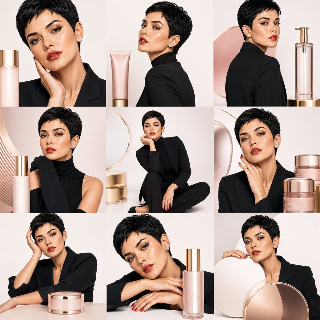 3x3九宫格高级韩系美妆时尚排版 / 3x3 Grid Korean Beauty Editorial Layout，角色设计，人像、电影感、时尚，案例输出图 1
