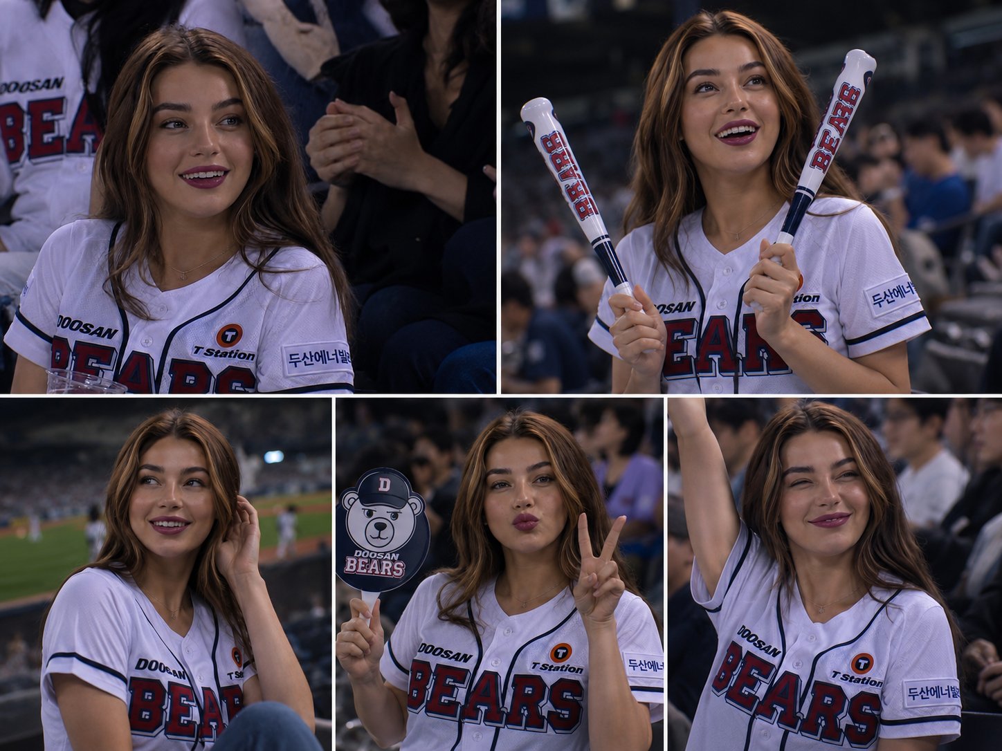 超写实棒球女球迷五分格拼贴 / Ultra Realistic Sports Fan Photo Collage Doosan Bears，角色设计，人像、电影感、插画，案例输出图 1
