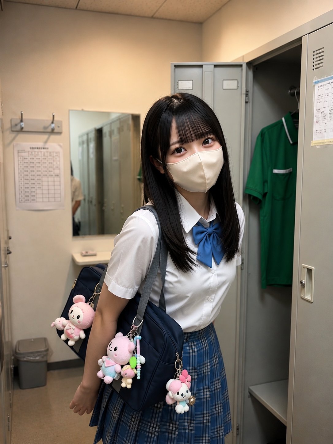 东亚女学生更衣室写实肖像 / Photorealistic East Asian Schoolgirl Locker Room Portrait,角色设计,35mm、人像、角色,案例输出图 1