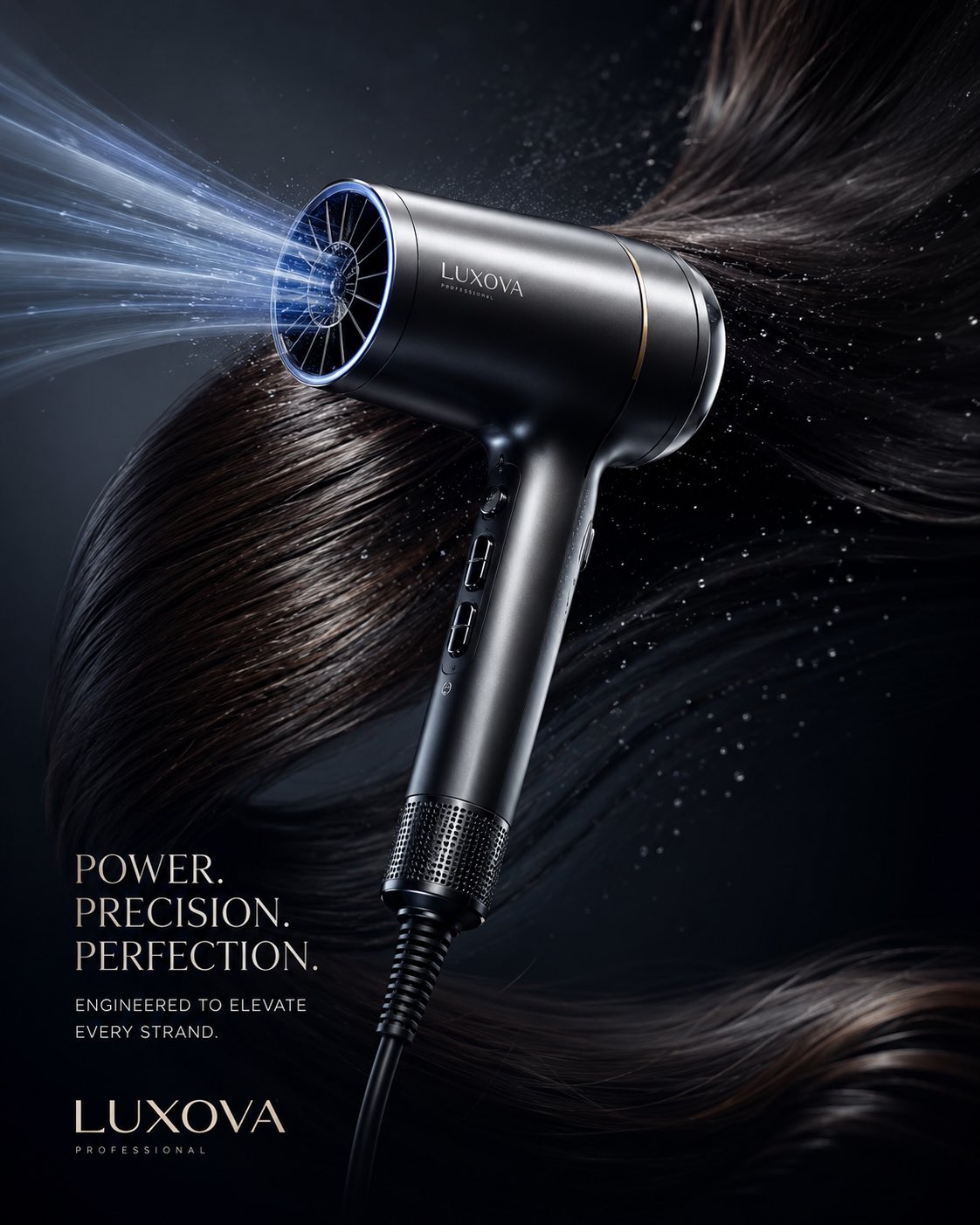 高端奢华吹风机商业广告大片 / Luxury Hair Dryer Commercial Advertisement，人像与摄影，人像、电影感、时尚，案例输出图 1