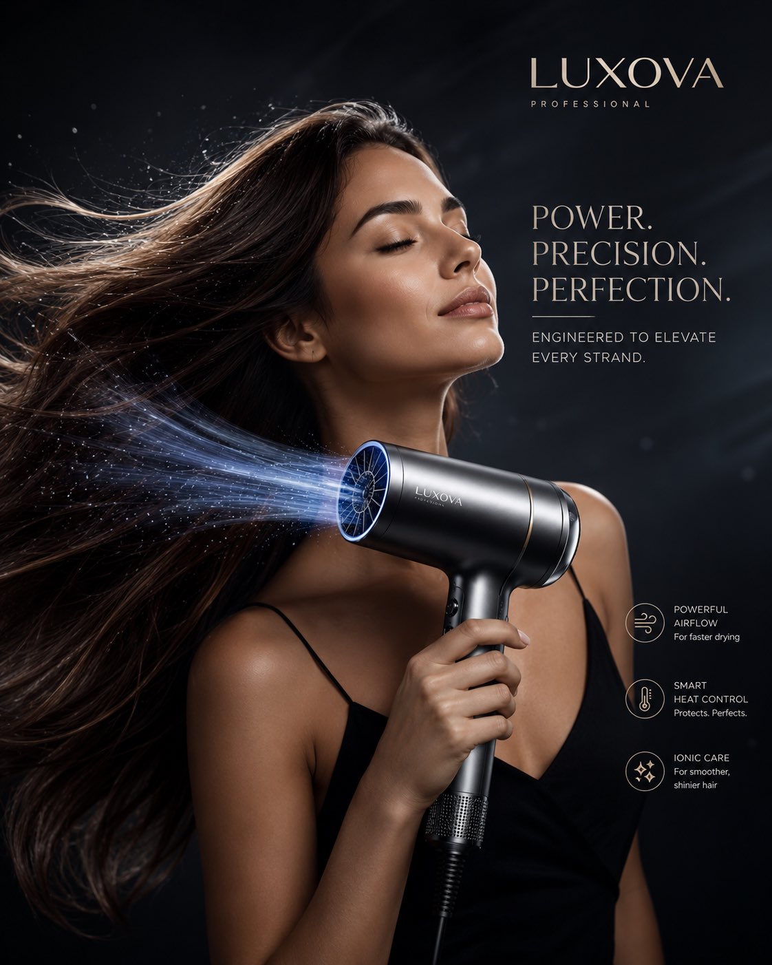 高端奢华吹风机商业广告大片 / Luxury Hair Dryer Commercial Advertisement，人像与摄影，人像、电影感、时尚，案例输出图 2