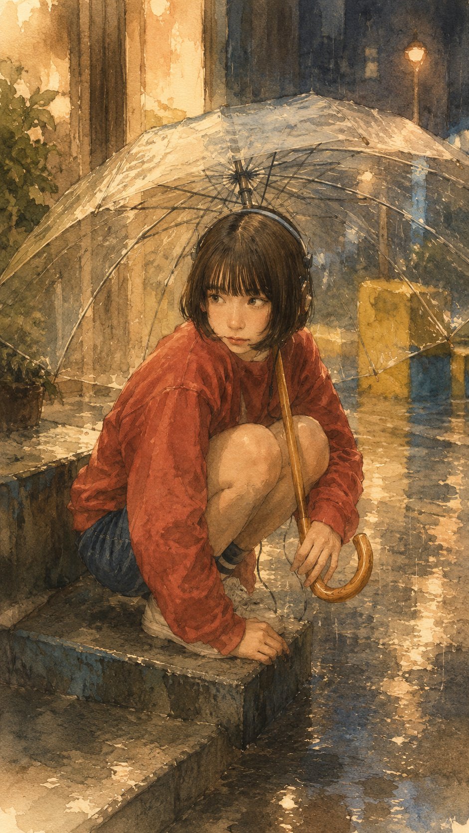 温柔雨夜手绘绘本插画风格转换 / Gentle Rainy Night Hand Drawn Illustration Style,角色设计,霓虹、插画、角色,案例输出图 1