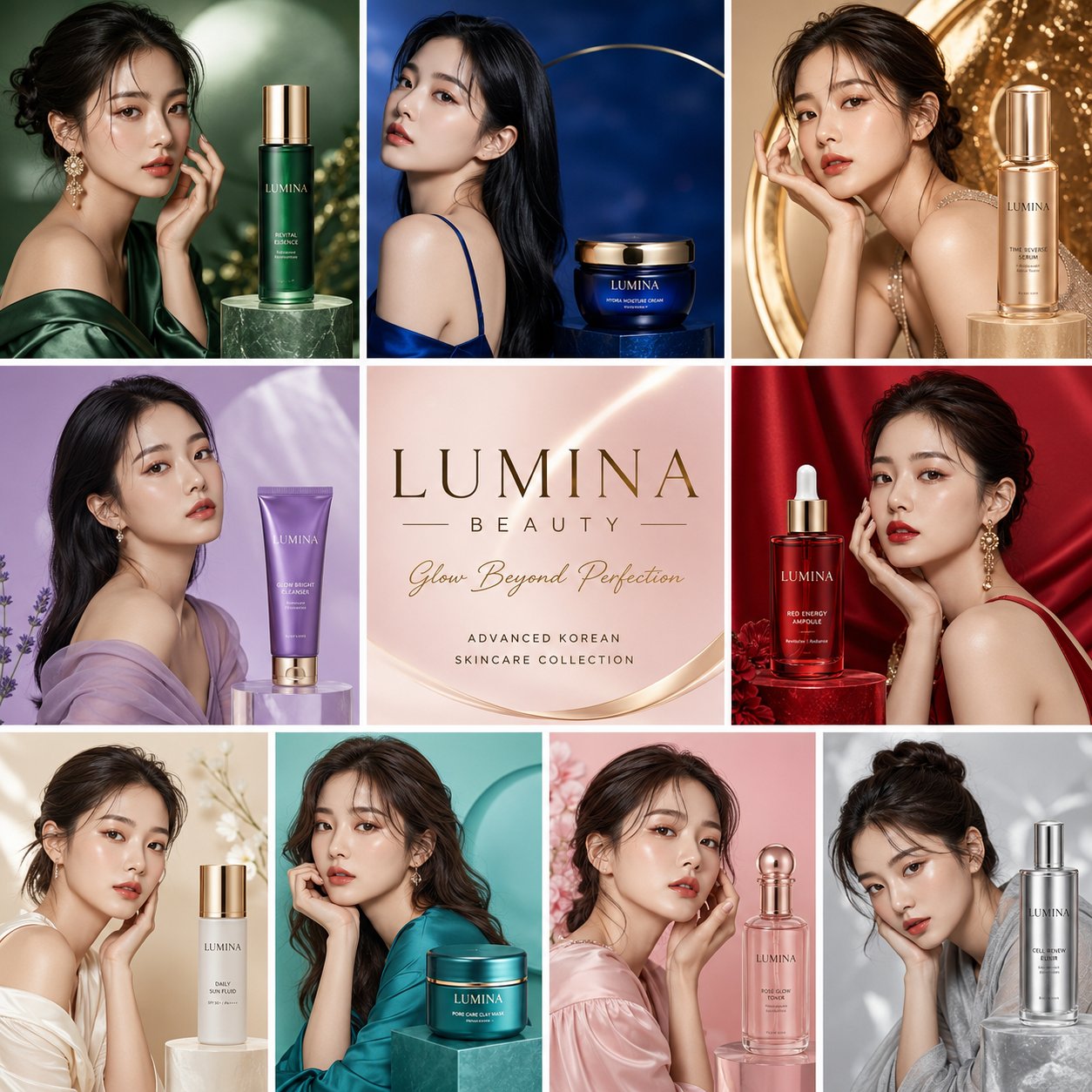 高级美妆杂志3x3网格排版设计 / Luxury Beauty 3x3 Grid Magazine Advertisement，人像与摄影，人像、时尚、角色，案例输出图 1