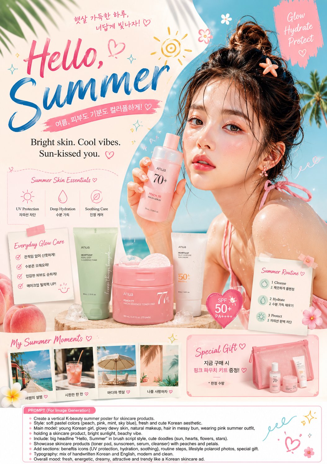 韩系夏日美妆护肤广告海报设计 / K Beauty Summer Skincare Ad Poster,人像与摄影,人像、海报、角色,案例输出图 1