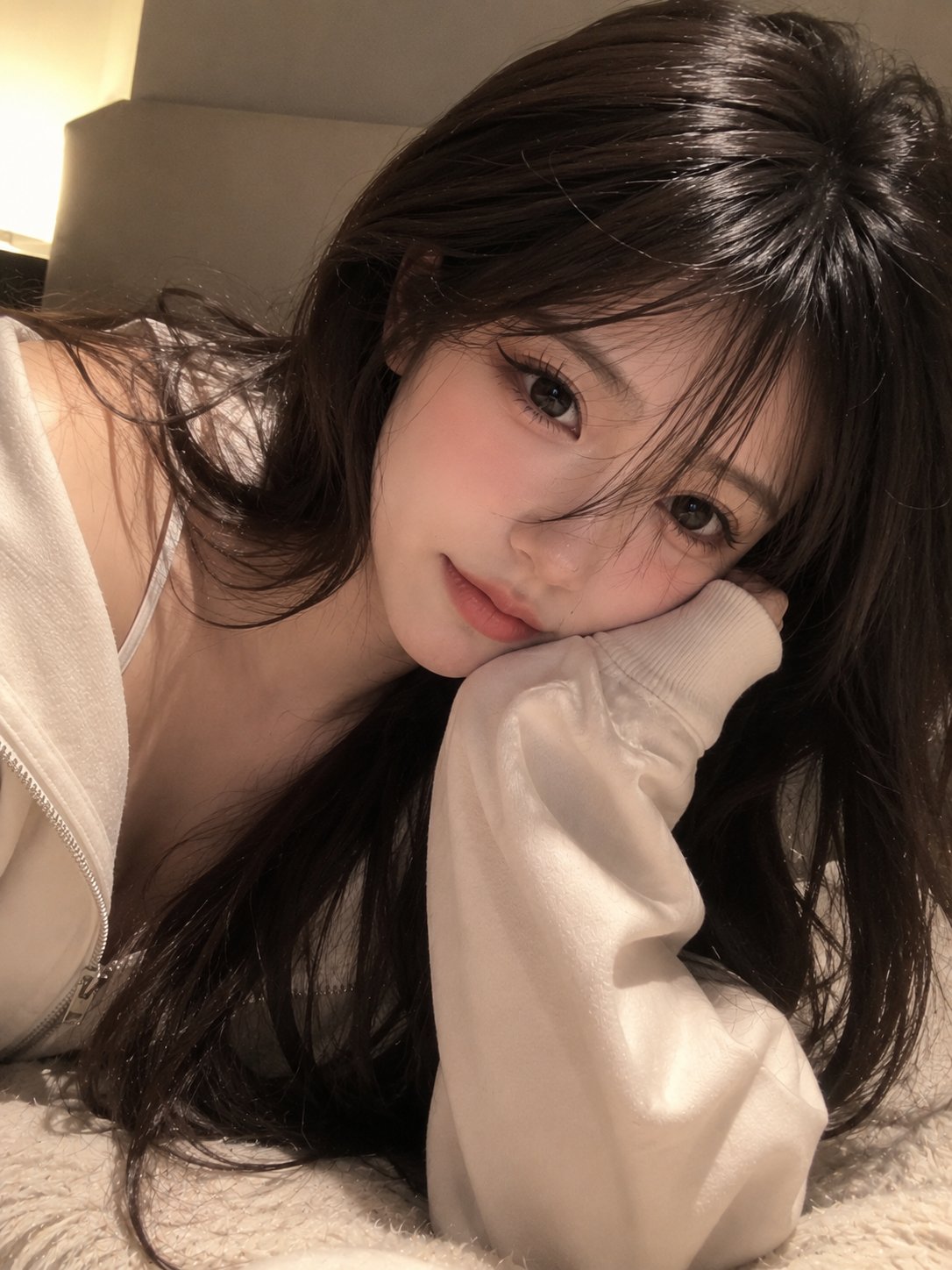 奶油色大廓形卫衣少女近景自拍 / Photorealistic Cozy Hoodie Girl Selfie，人像与摄影，人像、人像与摄影，案例输出图 1