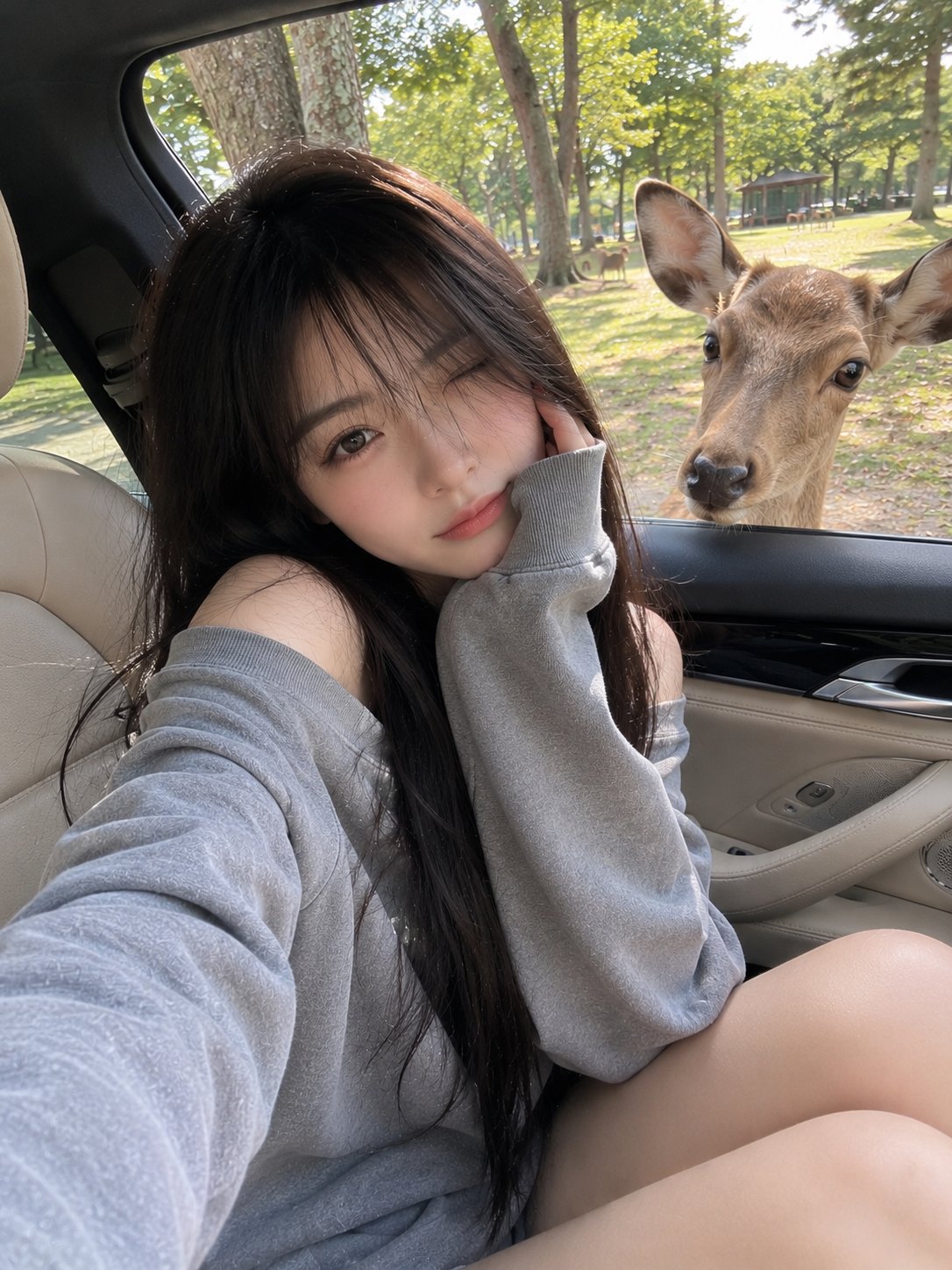 豪车内与鹿互动的日本少女生活照 / Japanese Girl Luxury Car Deer Smartphone Photo，人像与摄影，人像、电影感、城市视觉，案例输出图 1