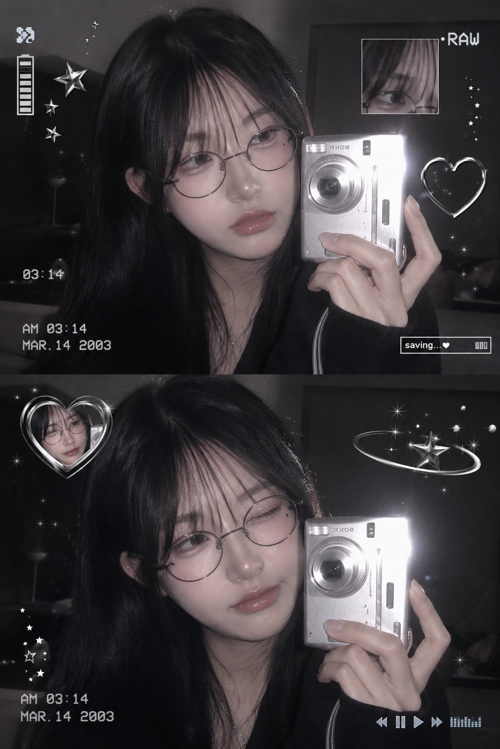 唯美Y2K韩系少女数码相机自拍 / Aesthetic Y2k Korean Girl Mirror Selfie Digicam Style,UI 与社交媒体截图,人像、时尚、UI,案例输出图 1